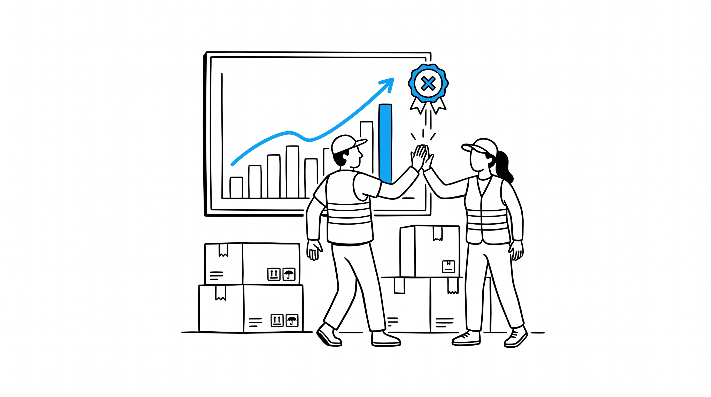 Two ecommerce teammates high-fiving in front of a rising revenue chart, with shipping boxes in the background