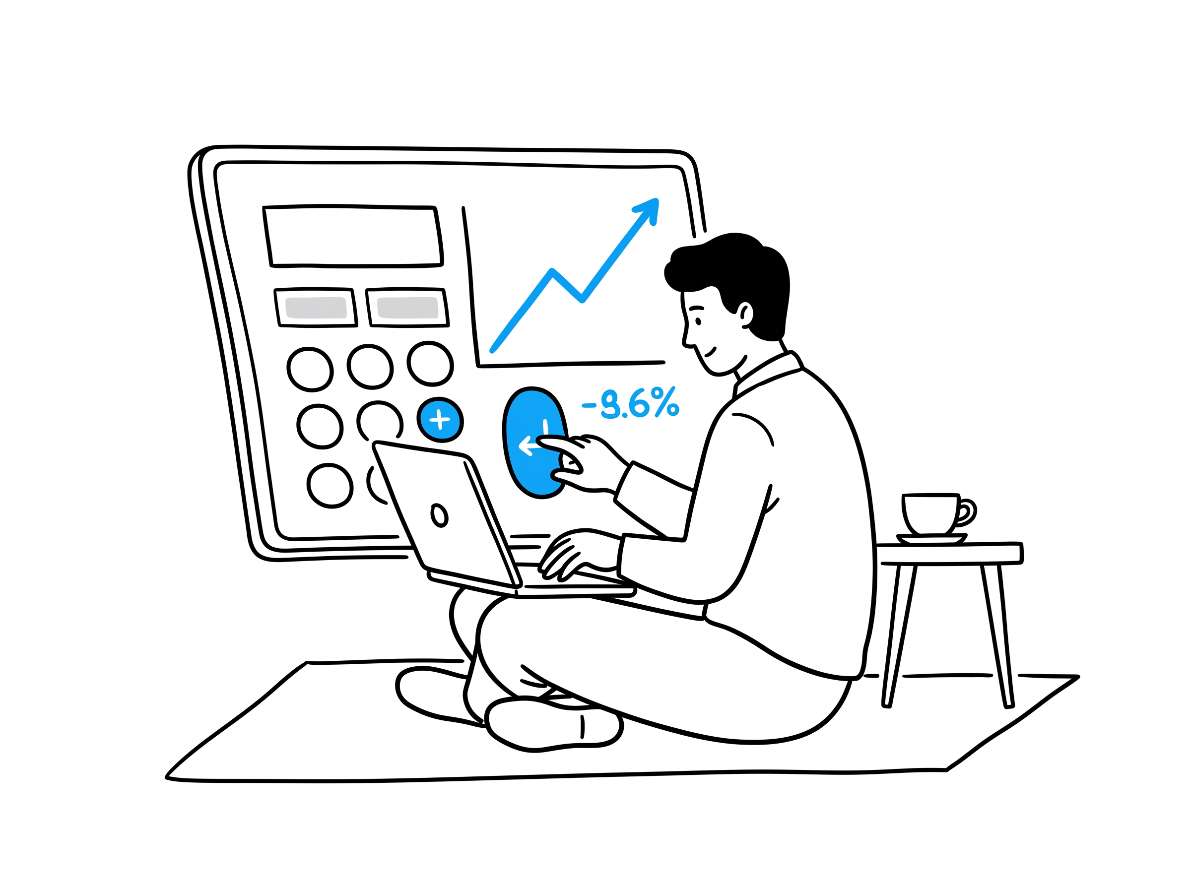 Um fundador confere uma calculadora de taxa de crescimento e um gráfico de receita em ascensão enquanto trabalha em um laptop