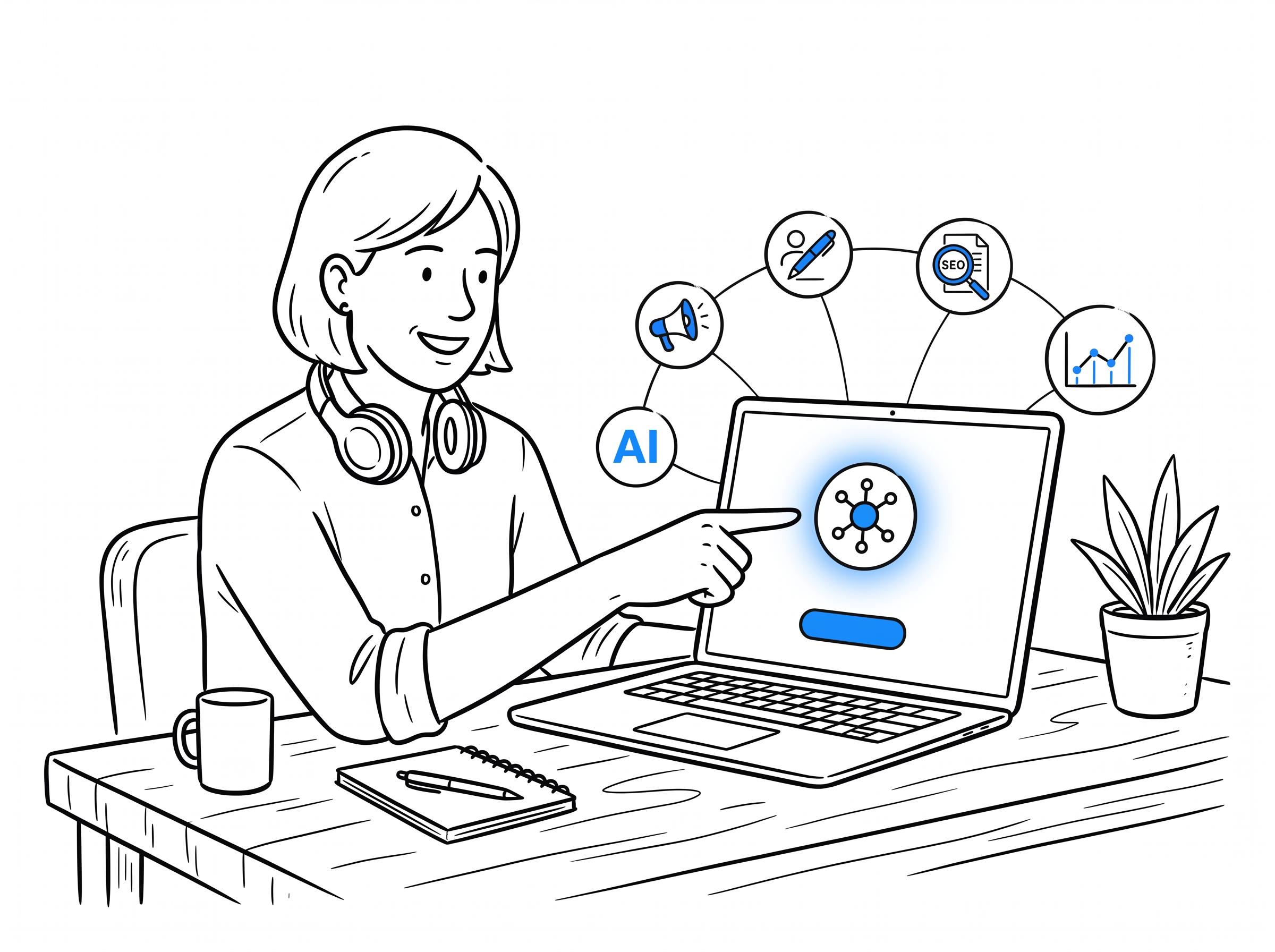 A woman points at a laptop showing a central AI hub icon connected to four orbiting agent icons for marketing, writing, SEO, and analytics