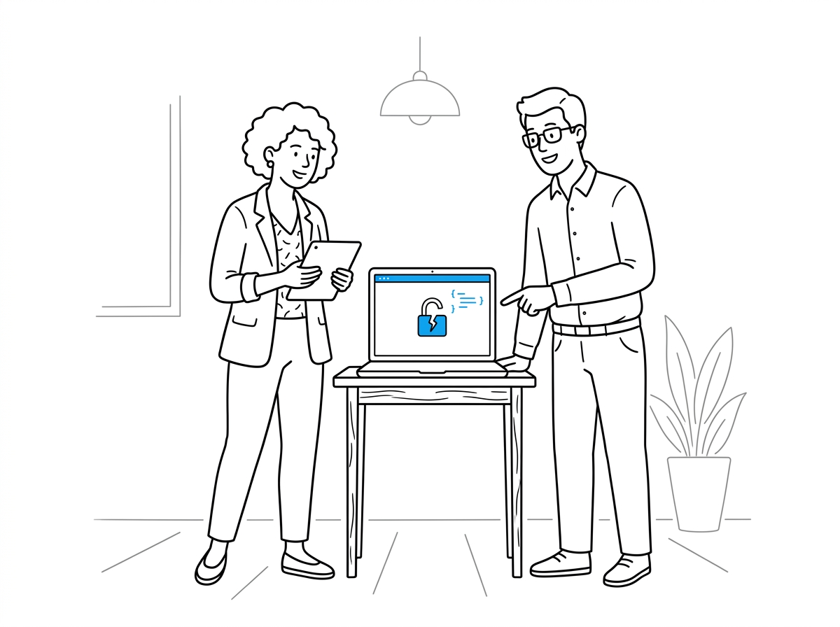 A founder and technical reviewer examining a laptop screen showing a cracked padlock icon