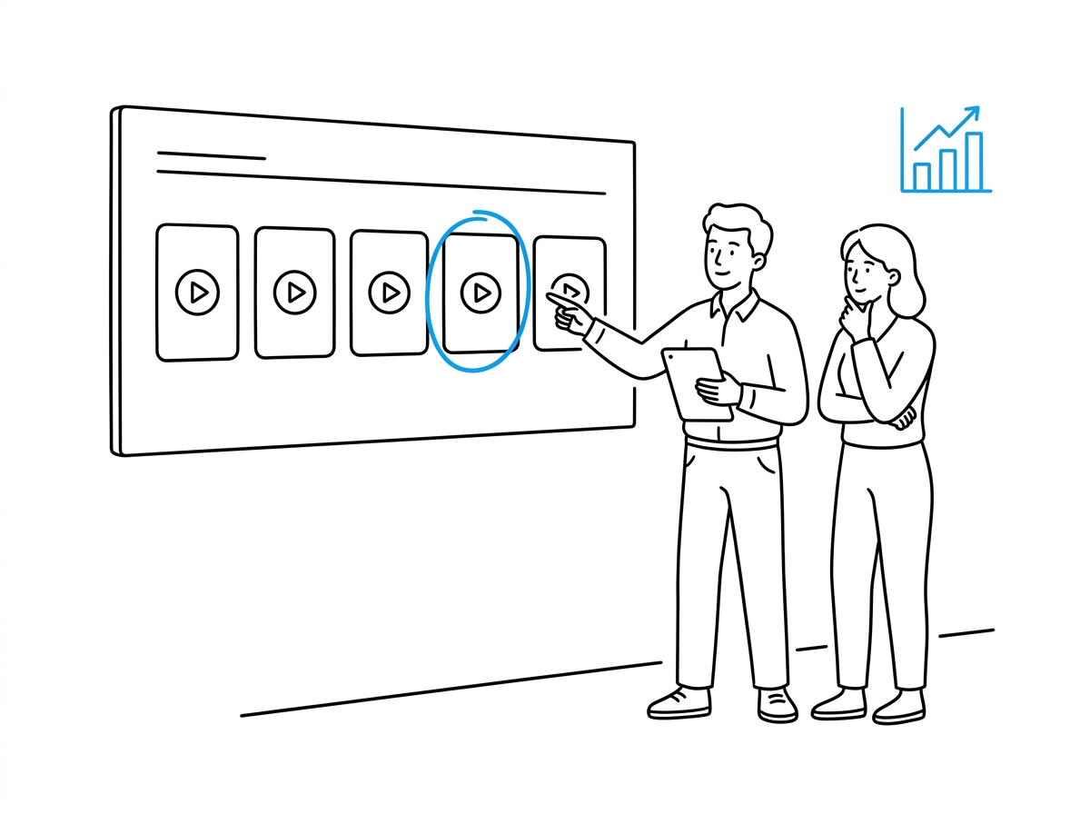 Two coworkers reviewing a row of ad creative variants on a wall screen