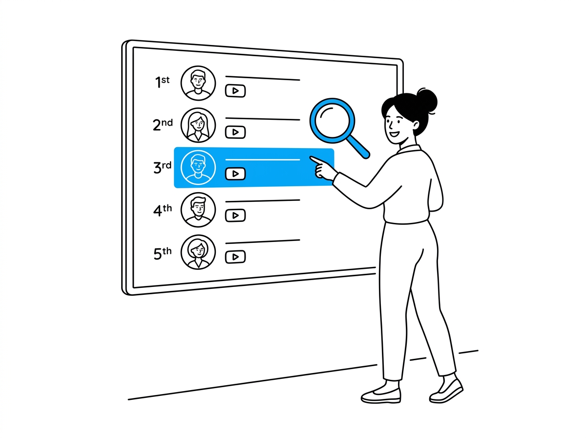 A woman pointing at a highlighted creator on a ranked leaderboard screen, using a magnifying glass to research relevant channels
