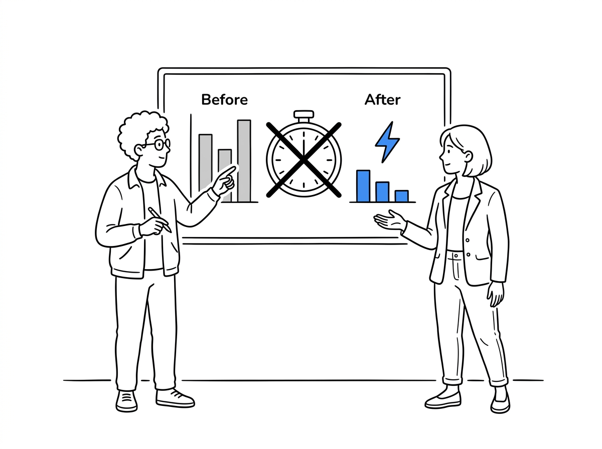 Two teammates comparing a before-and-after support response-time chart on a wall screen
