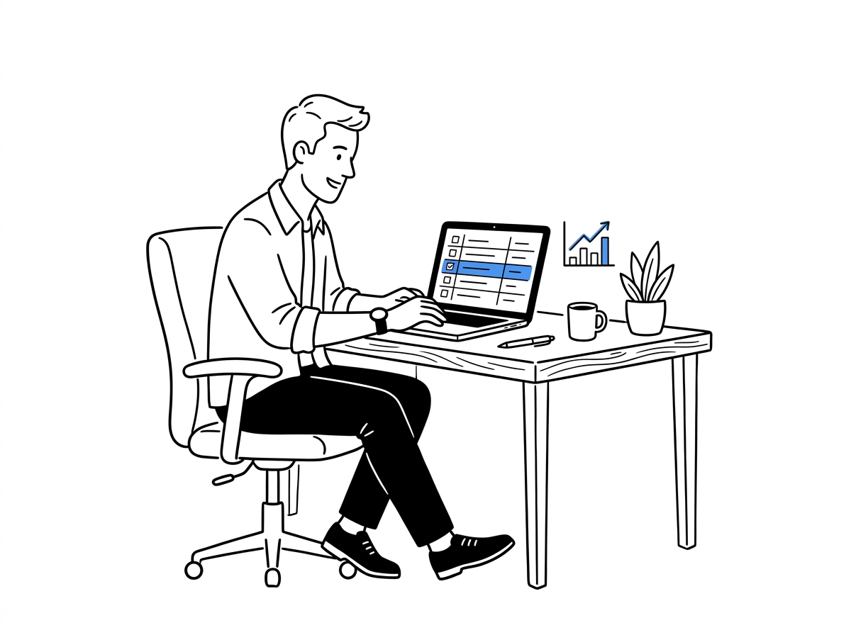 Founder at a laptop reviewing a content opportunity checklist with one row highlighted in blue
