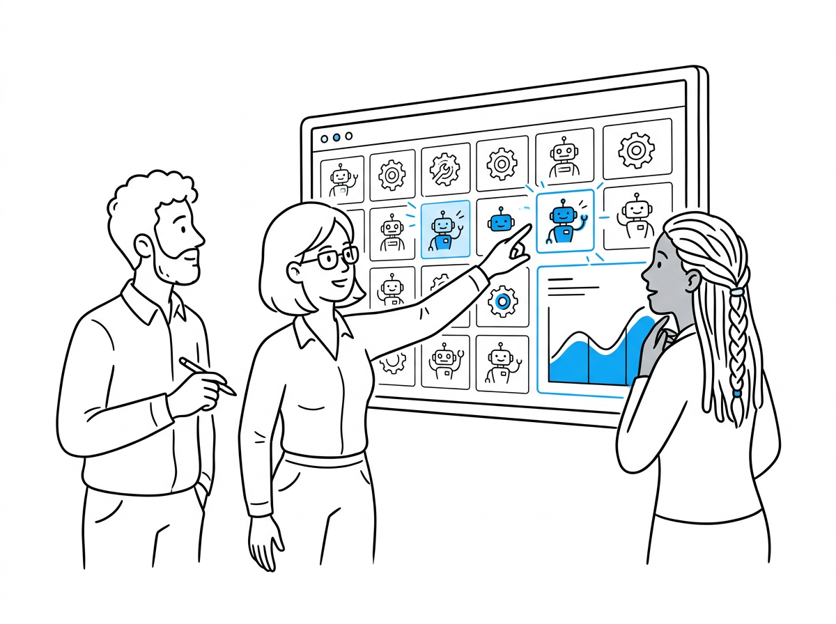 A three-person ecommerce team reviewing a dashboard of active AI agents handling tasks