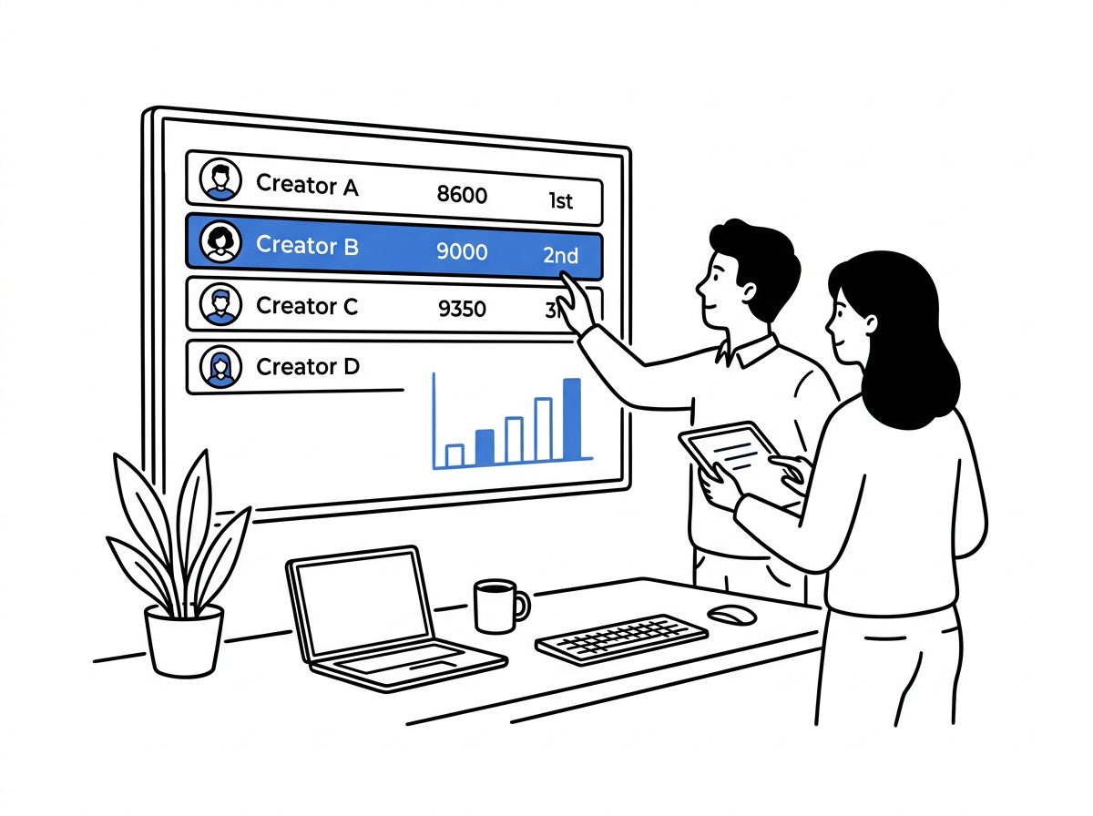 Two people reviewing a ranked leaderboard of creators on a screen, with one row highlighted in blue and a small bar chart beside it