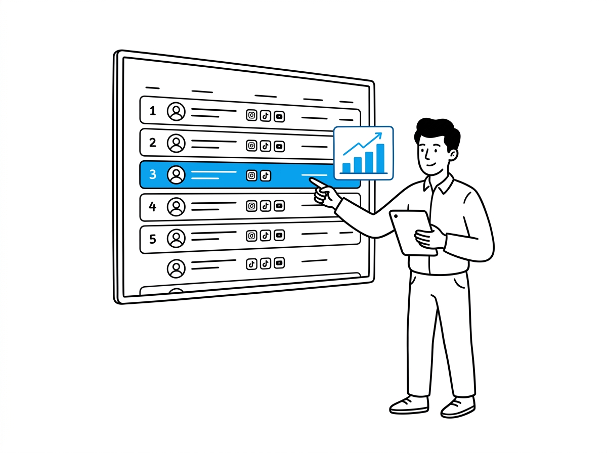 A person points at a highlighted row on a large ranked leaderboard screen of creators, next to a small blue growth-chart widget