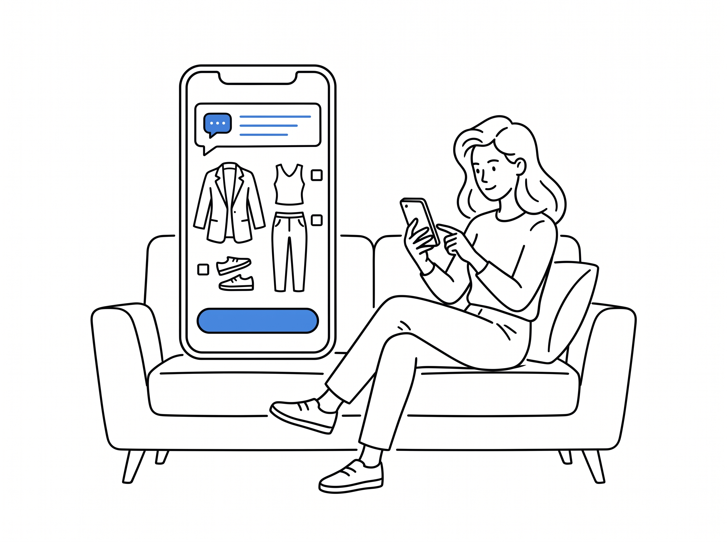 A shopper at home looking at a phone screen where an AI stylist assistant recommends a complete outfit with a highlighted blue add-to-bag button