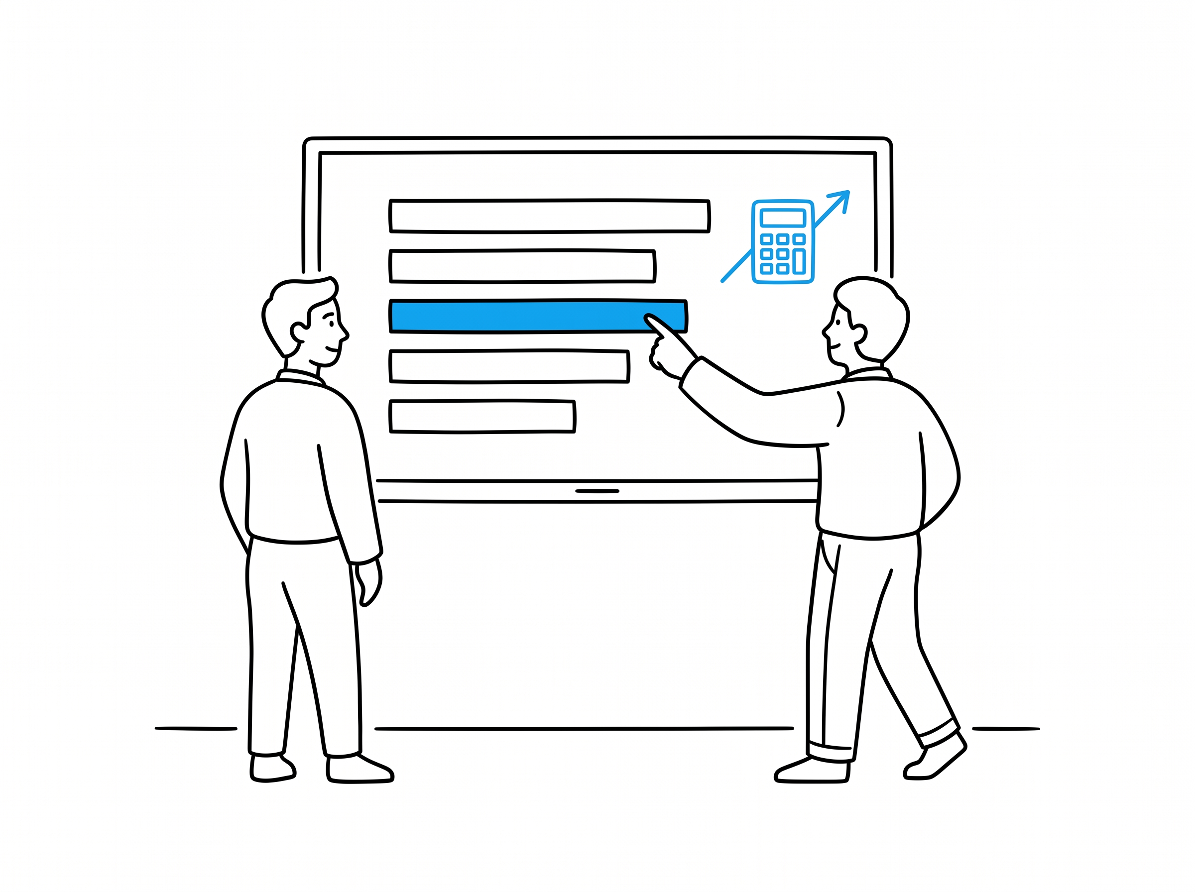 Two coworkers reviewing a ranked comparison list on a wall screen with a growth calculator icon