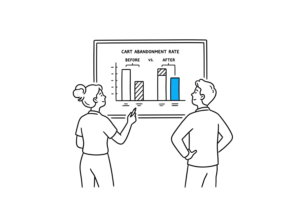 Two teammates reviewing a before-and-after cart-abandonment chart on a wall screen, one bar highlighted in blue