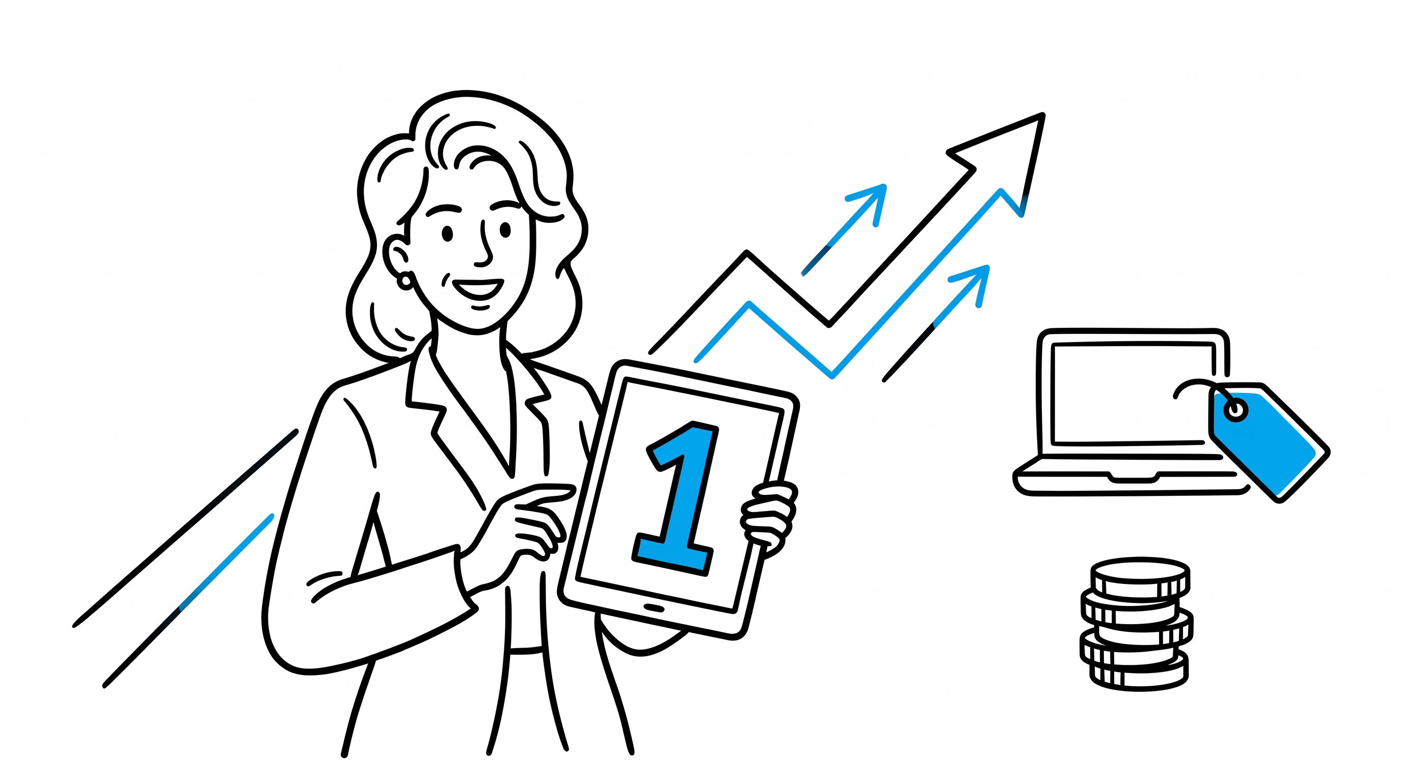 A founder holding a tablet showing a number 1 ranking, with a rising growth chart, a laptop with a price tag, and a stack of coins around her