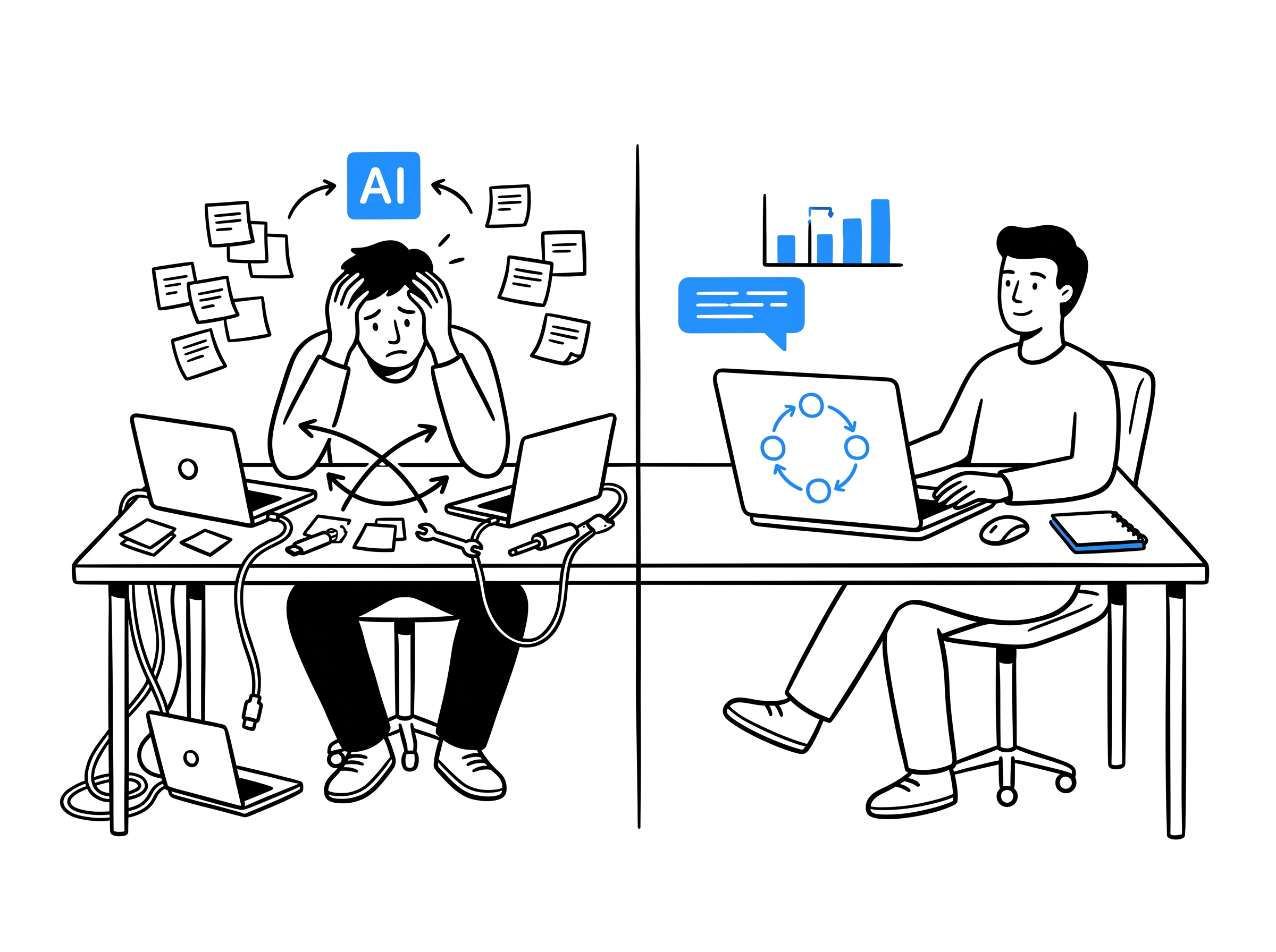 Split scene: a stressed person surrounded by chaotic sticky notes and tangled cables on the left, a calm person with one clean blue workflow loop on the right