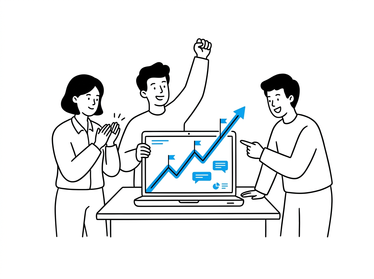 Small startup team celebrating around a laptop showing a rising revenue chart with milestone flags