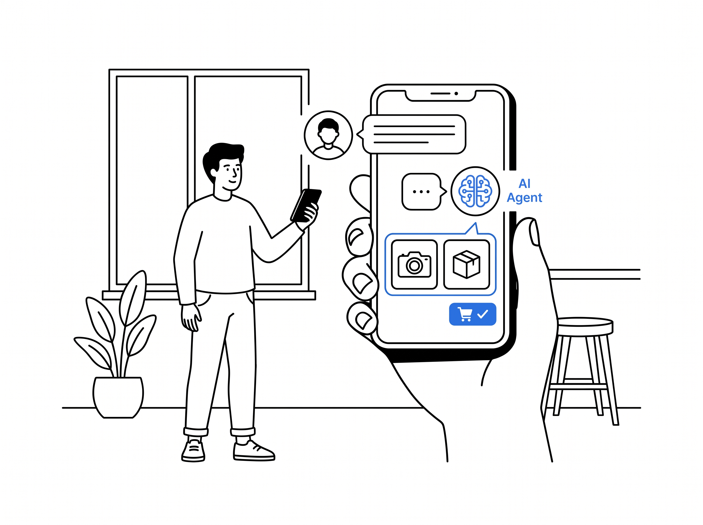 A shopper chatting with an AI sales agent on a smartphone that suggests a product bundle