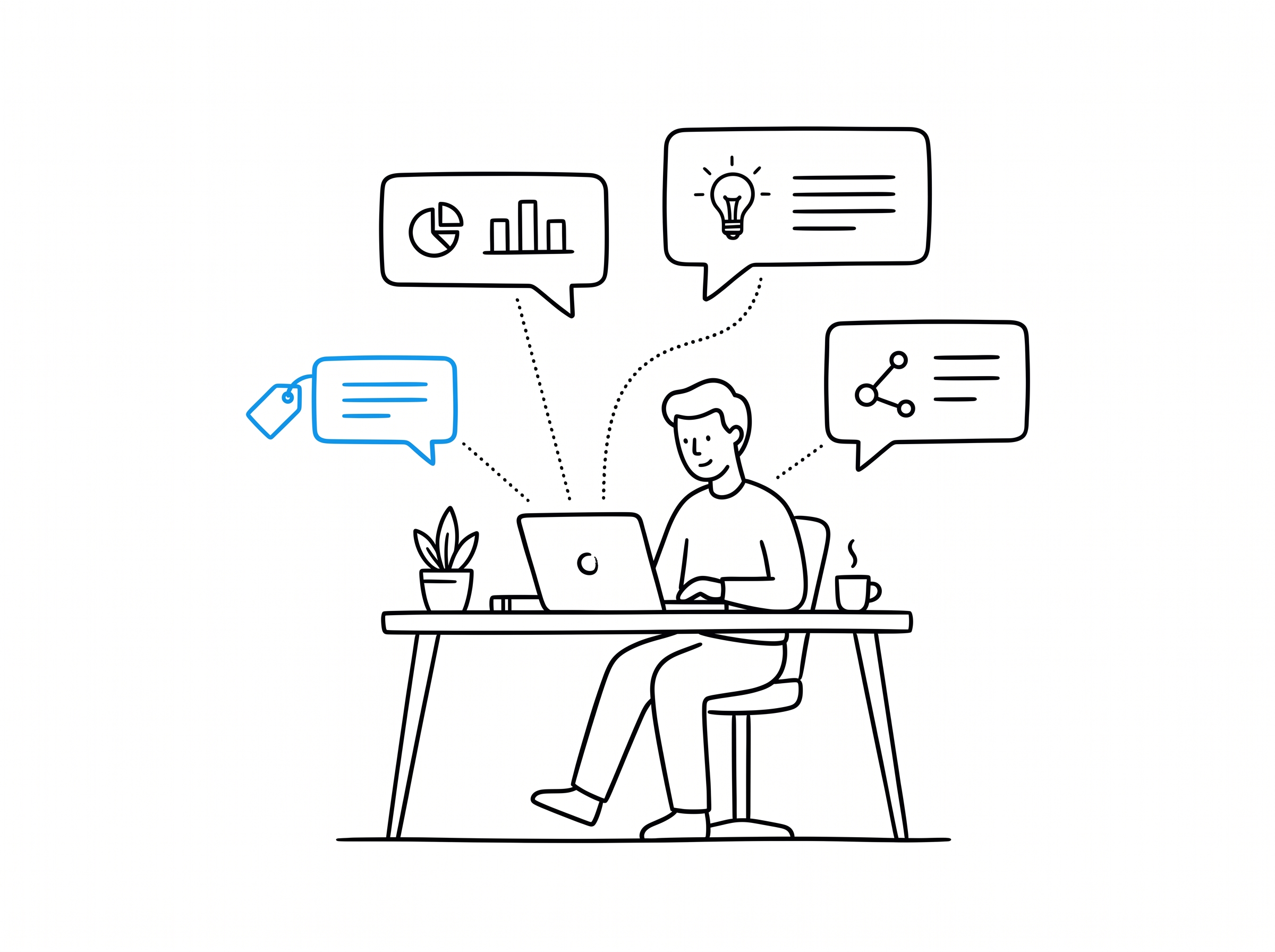 Solo founder at a desk with four floating tool icons, one shrinking and highlighted blue with a price tag