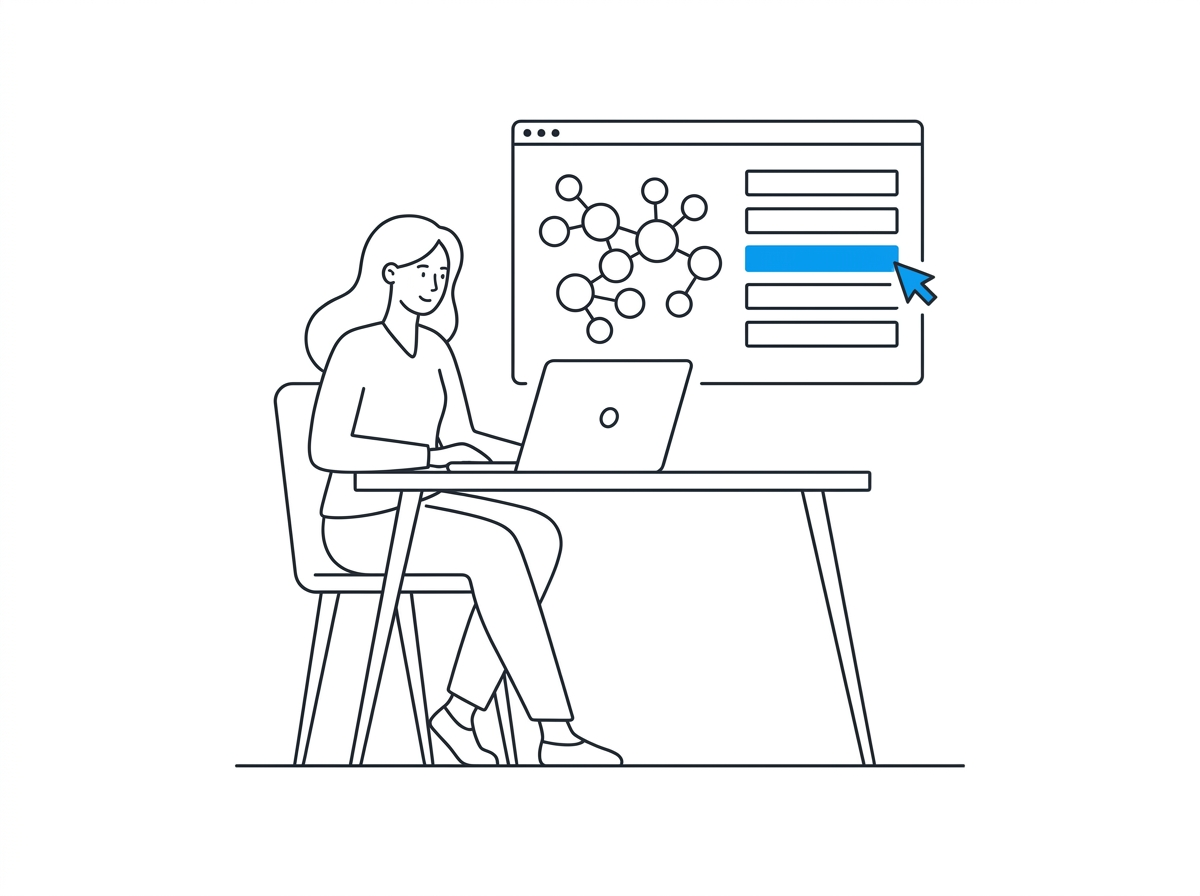 Person at a laptop reviewing a topic-cluster dashboard with one keyword row highlighted in blue