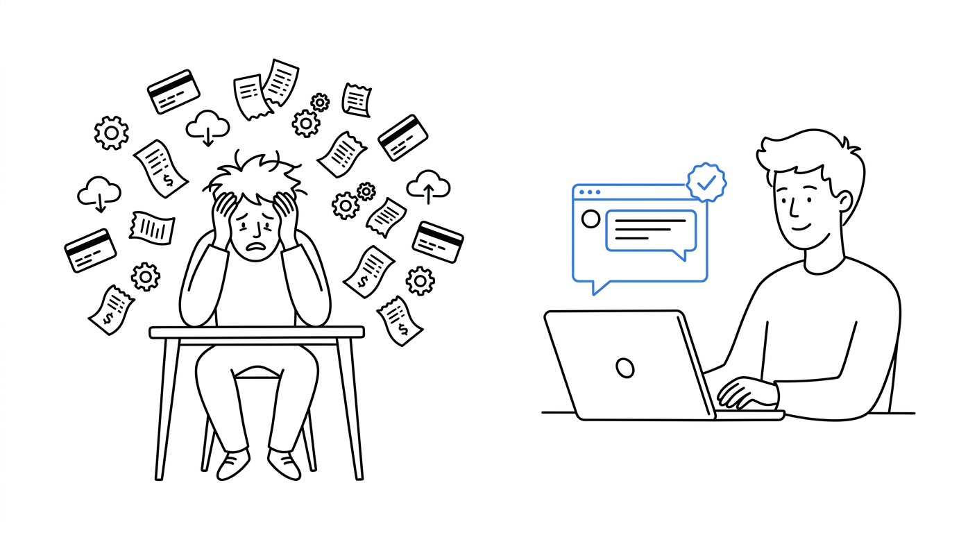 A stressed entrepreneur surrounded by scattered subscription receipts on one side, calmly using one AI chat tool on the other