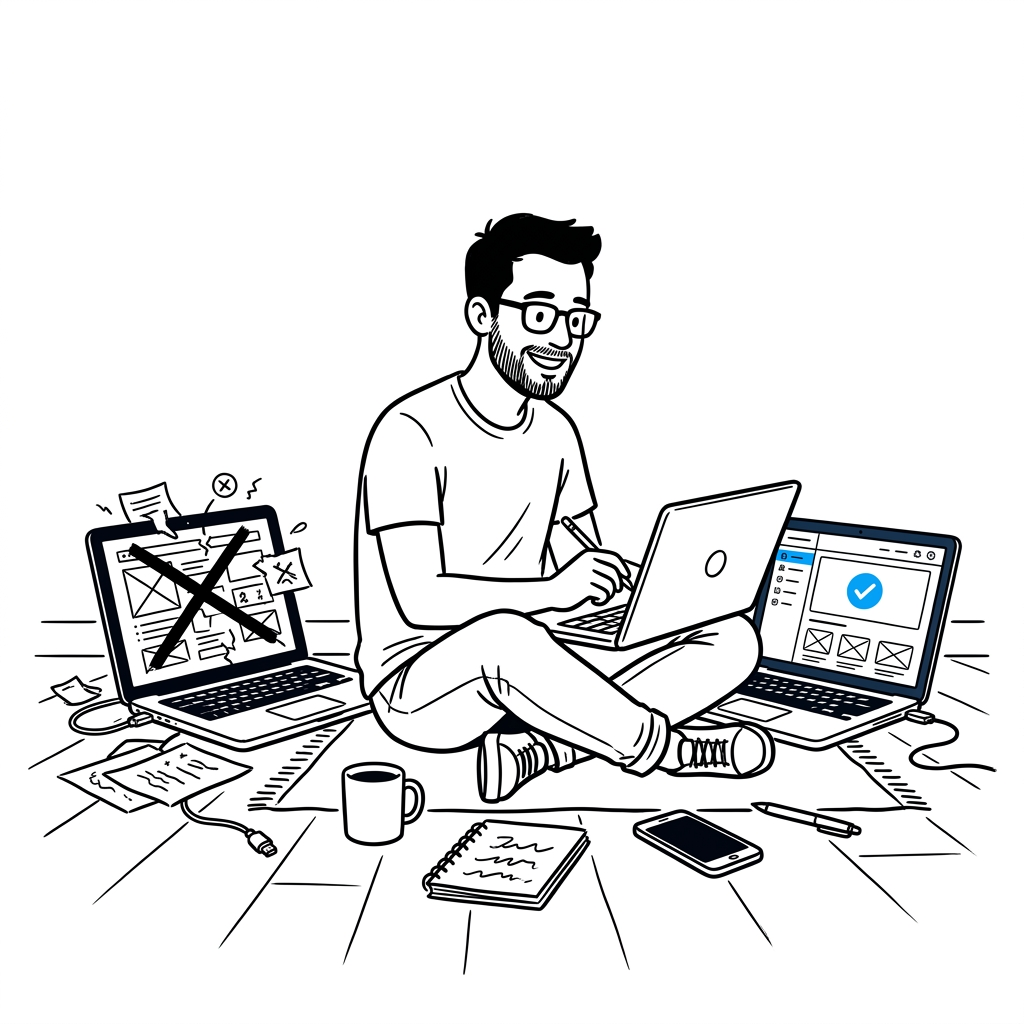 A solo founder sits between two laptops, one showing a crossed-out broken app outline and the other a rebuilt app outline with a blue checkmark