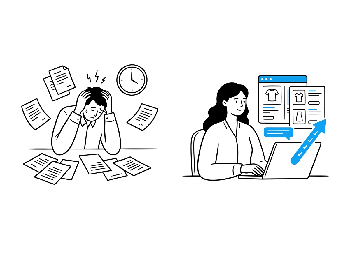 Split scene contrasting a stressed manual writer with a calm marketer using AI-assisted product cards and a blue progress bar