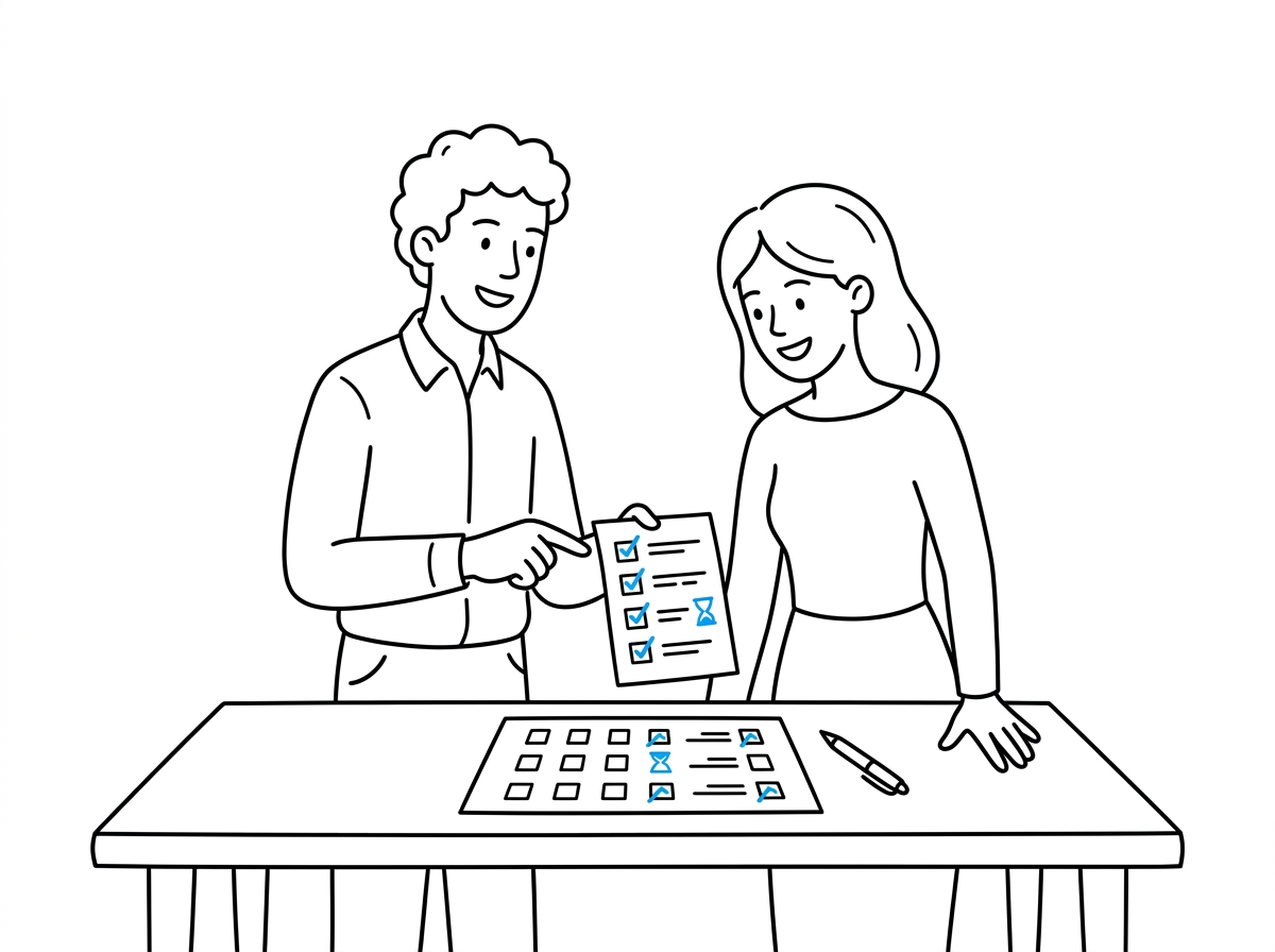 Two colleagues at a table reviewing a printed due diligence checklist with blue checkmarks