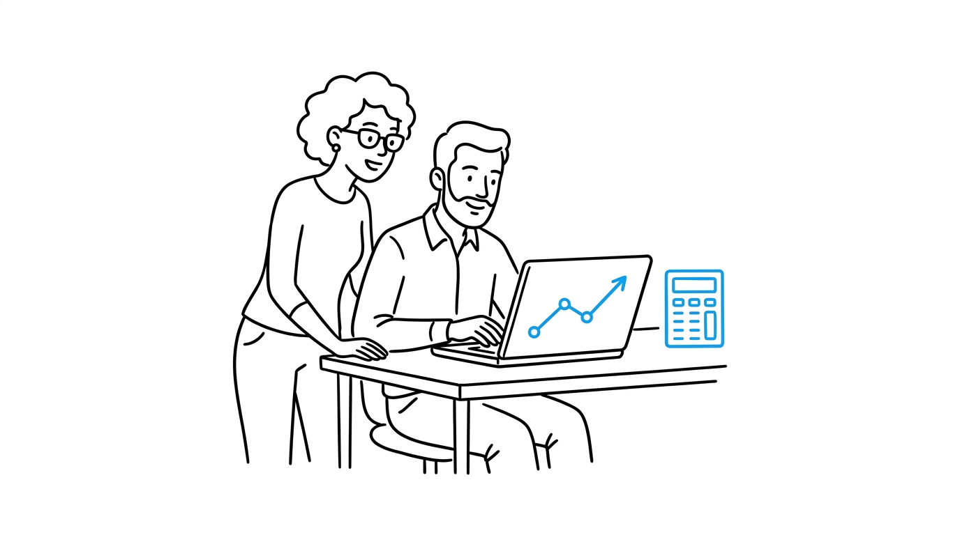 Two founders review a rising growth chart next to a calculator