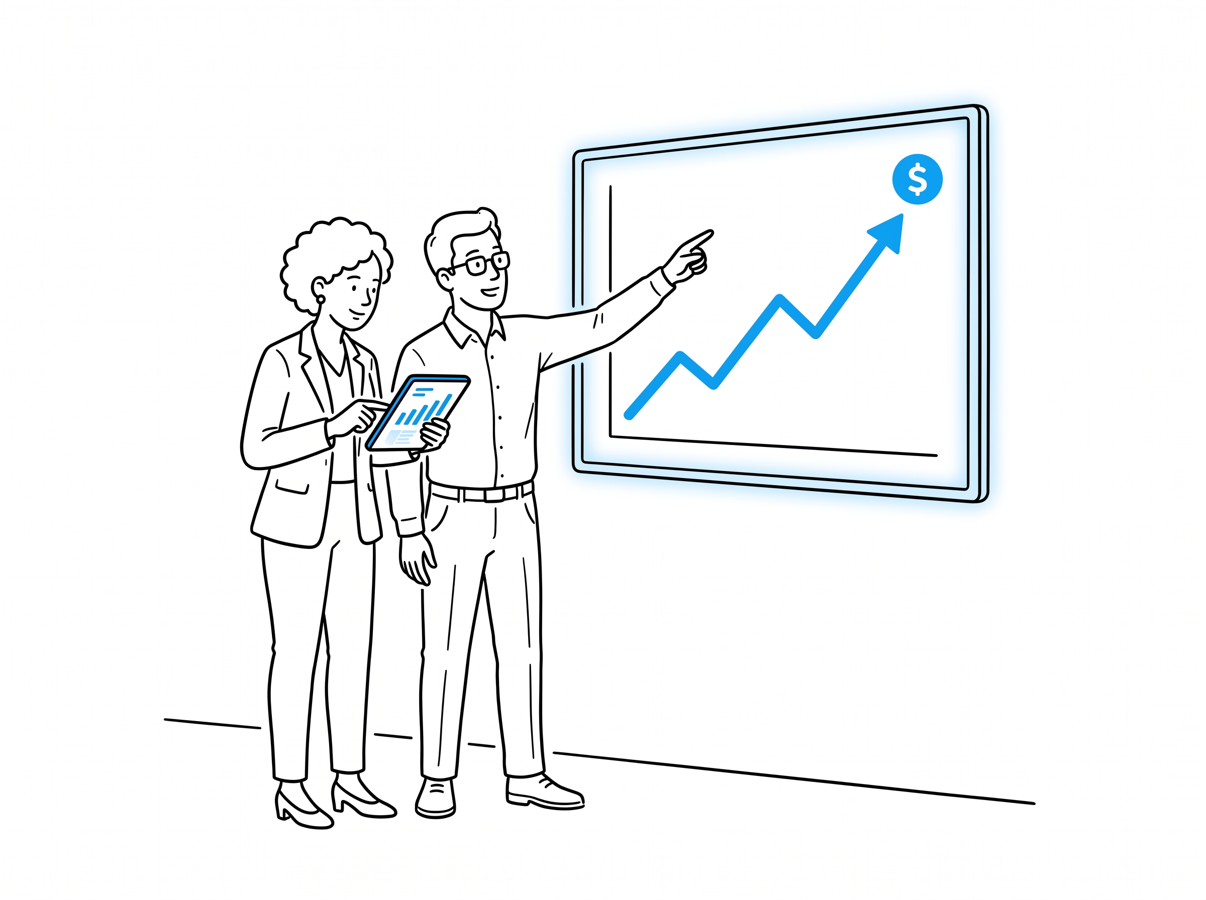 Two coworkers reviewing a rising blue revenue-per-session chart on a wall screen