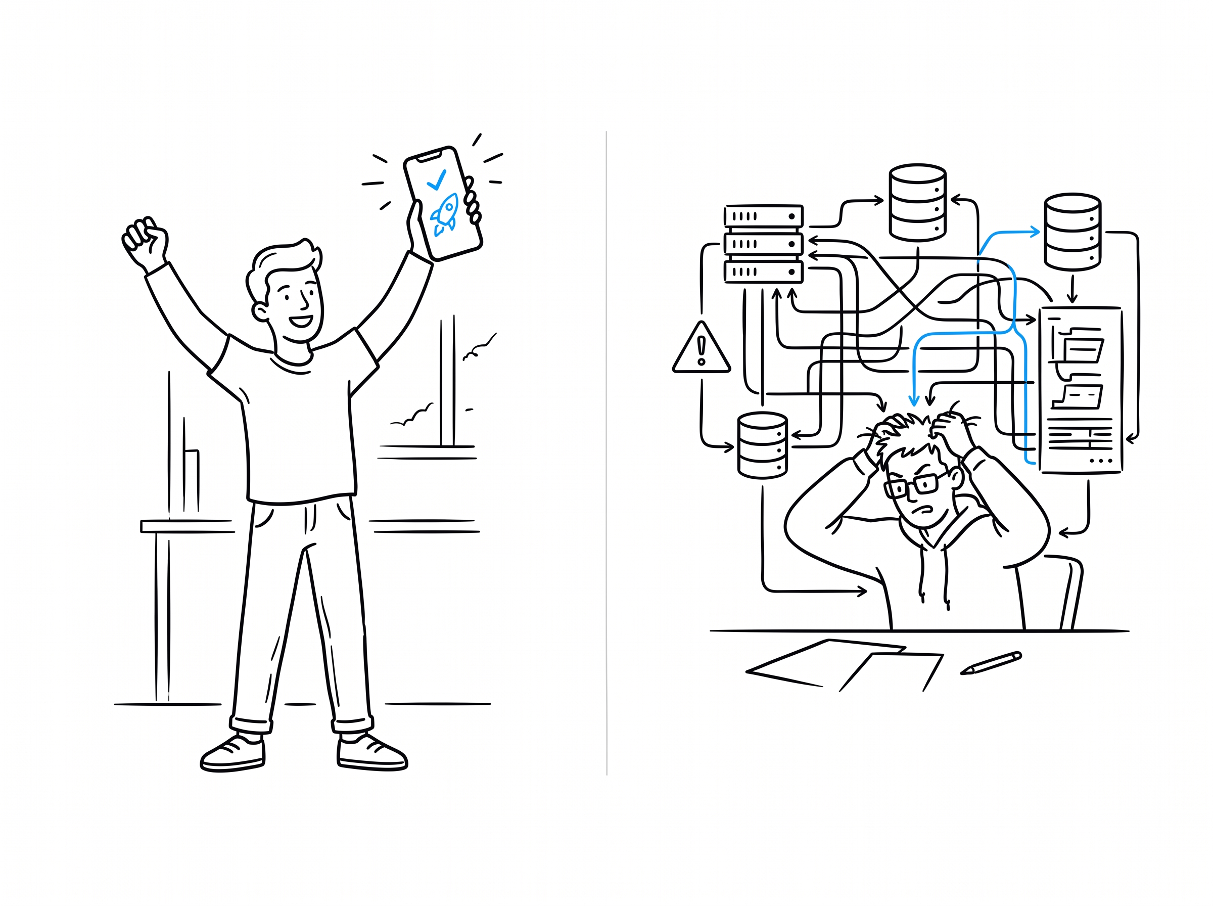 A solo non-technical founder launches a simple app while a complex, tangled system frustrates an engineer nearby