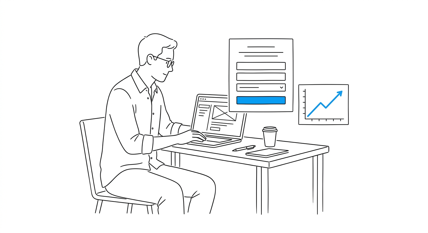 A consultant at a desk reviewing a webinar signup form mockup next to a small rising line chart