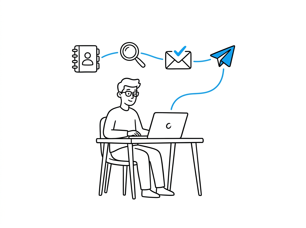 A solo founder at a laptop running one connected pipeline from contact list to enrichment to verified send