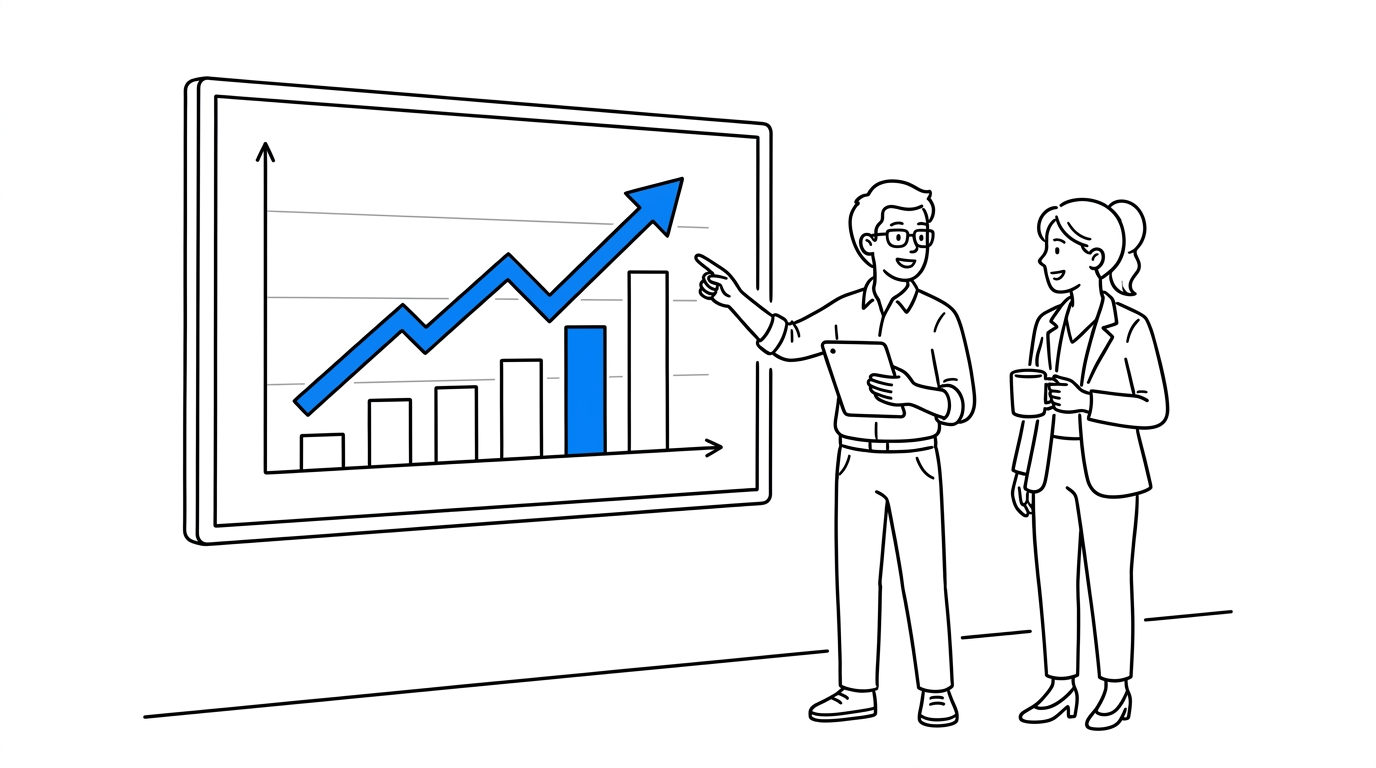 Two colleagues point at an upward growth chart on a wall screen, one bar and the trend line highlighted in blue