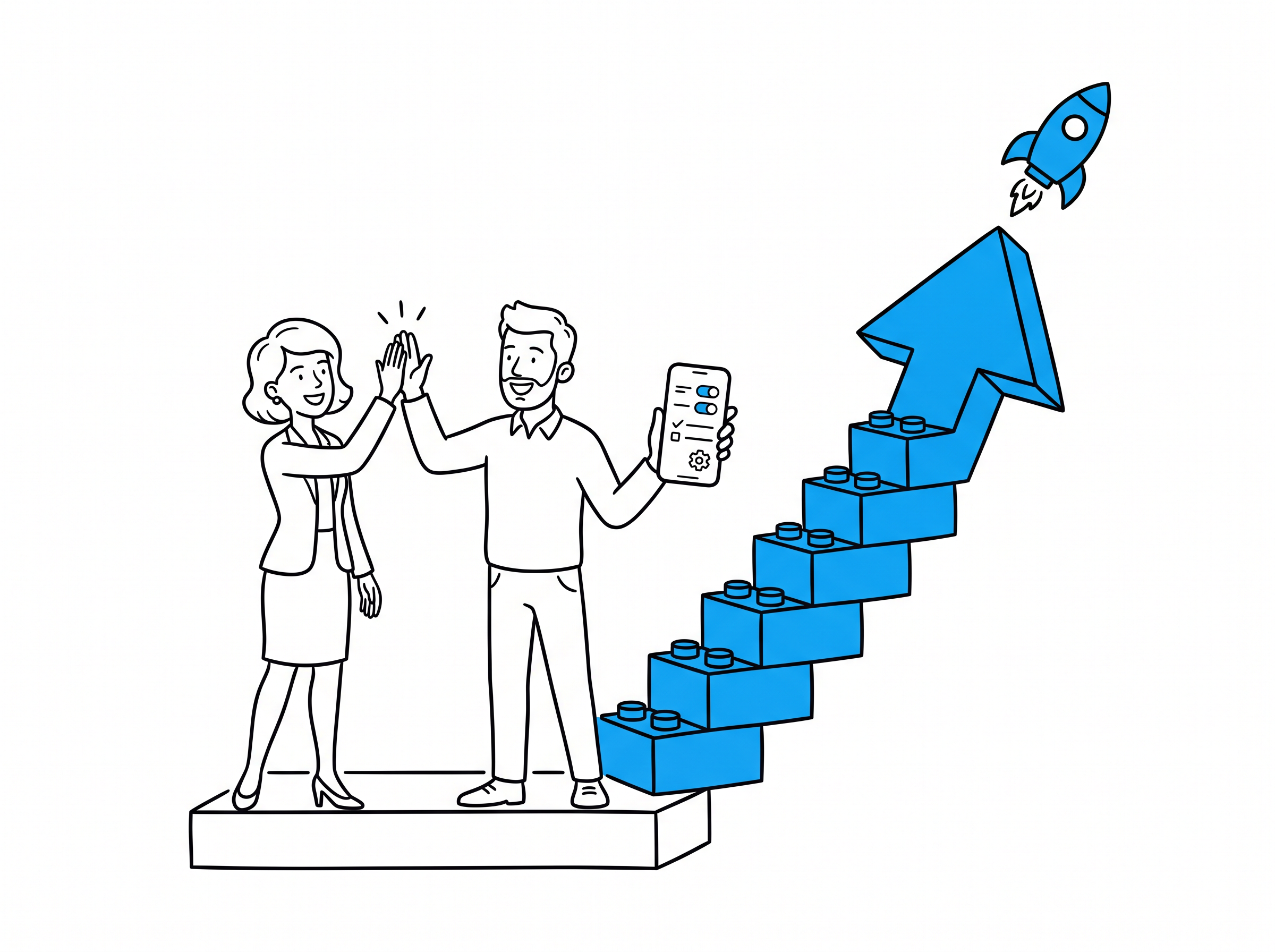 Two team members high-fiving next to a rising staircase of blue blocks topped with a rocket