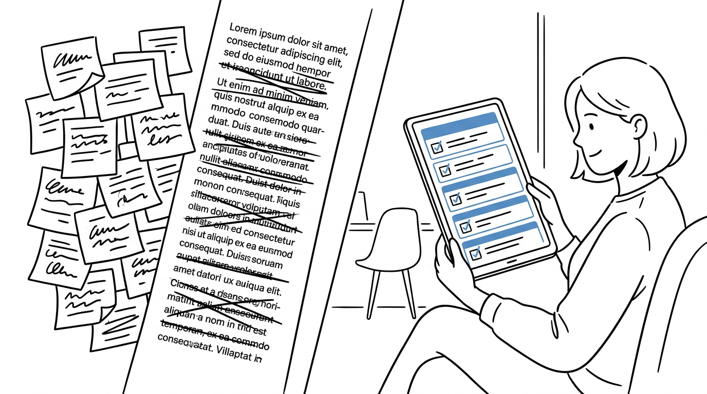 Split-screen illustration: a cluttered wall of sticky notes and long crossed-out text on the left versus a person calmly reviewing a clean checklist on a tablet on the right