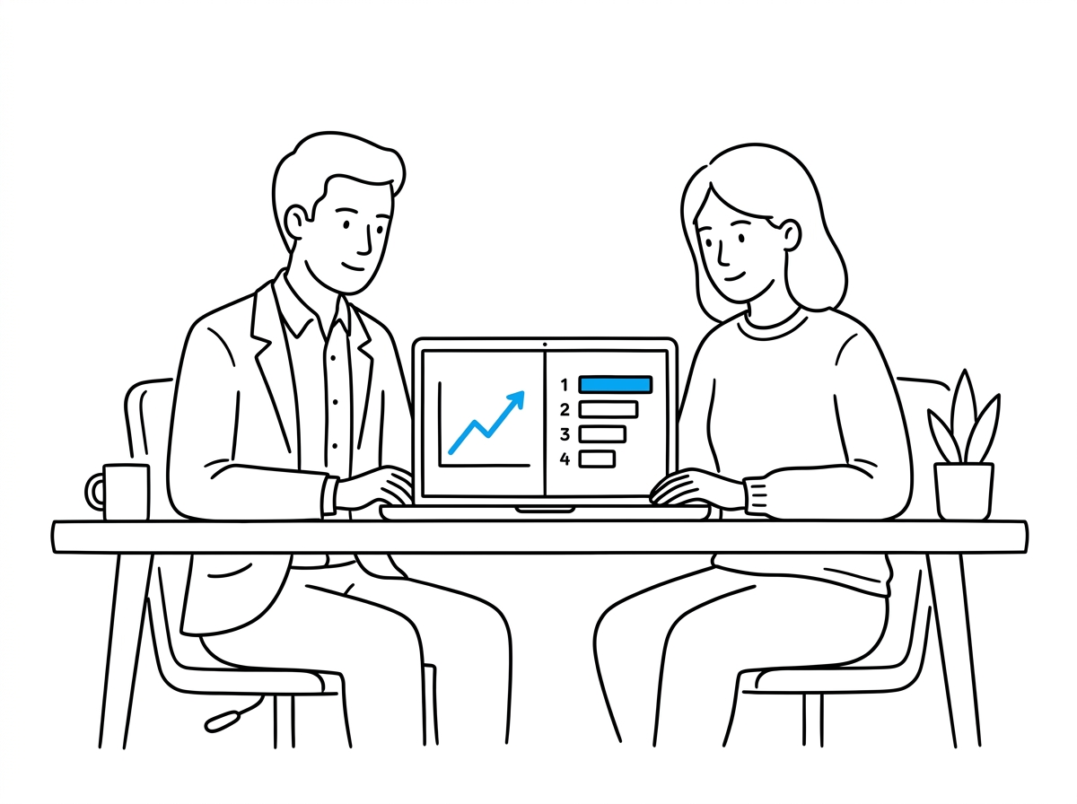 Two colleagues at a desk reviewing a growth chart and a ranked leaderboard on a laptop