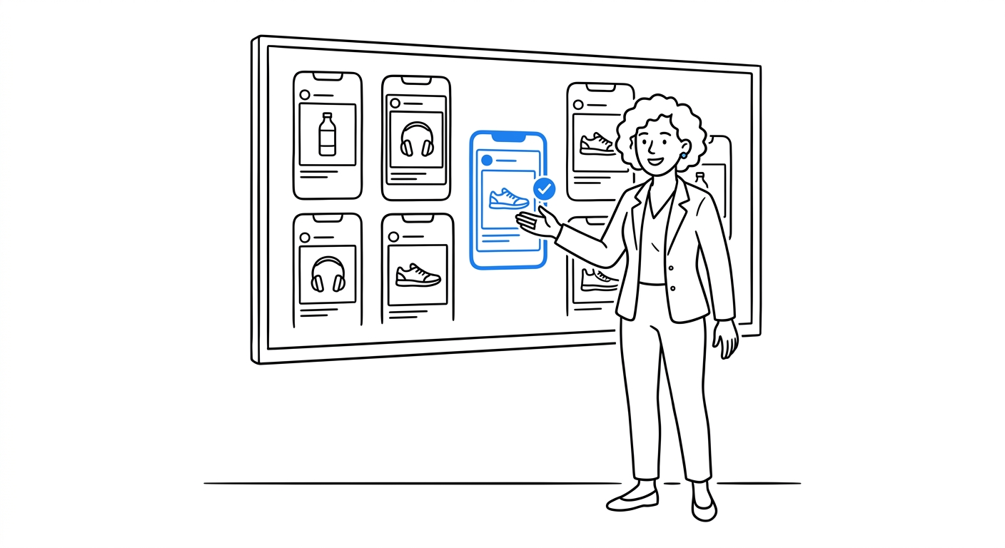 A woman presenting several ad creative variants on a large screen, with one variant framed in blue and marked with a checkmark as the winning version