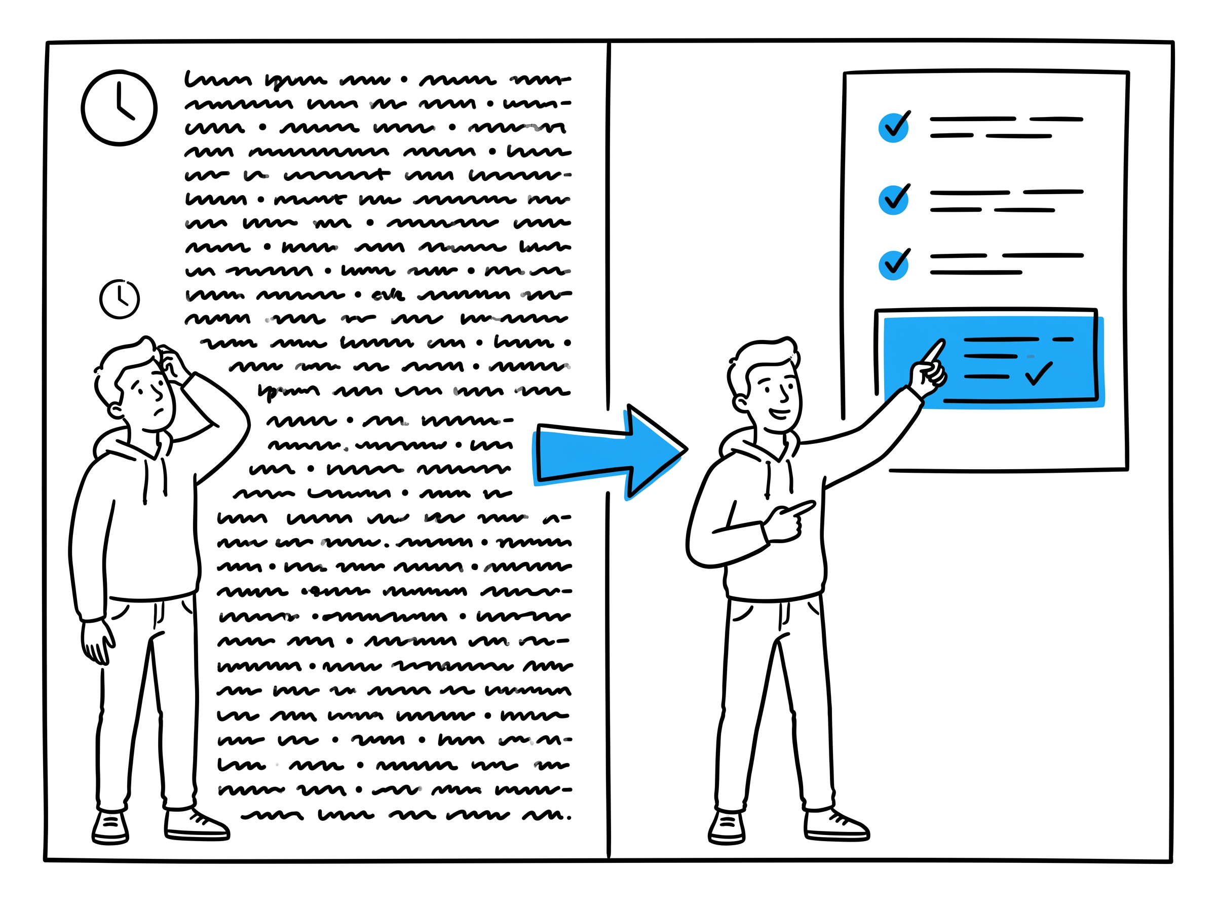 Before-and-after illustration of rewriting a dense wall of text into a short, structured, checklist-style page