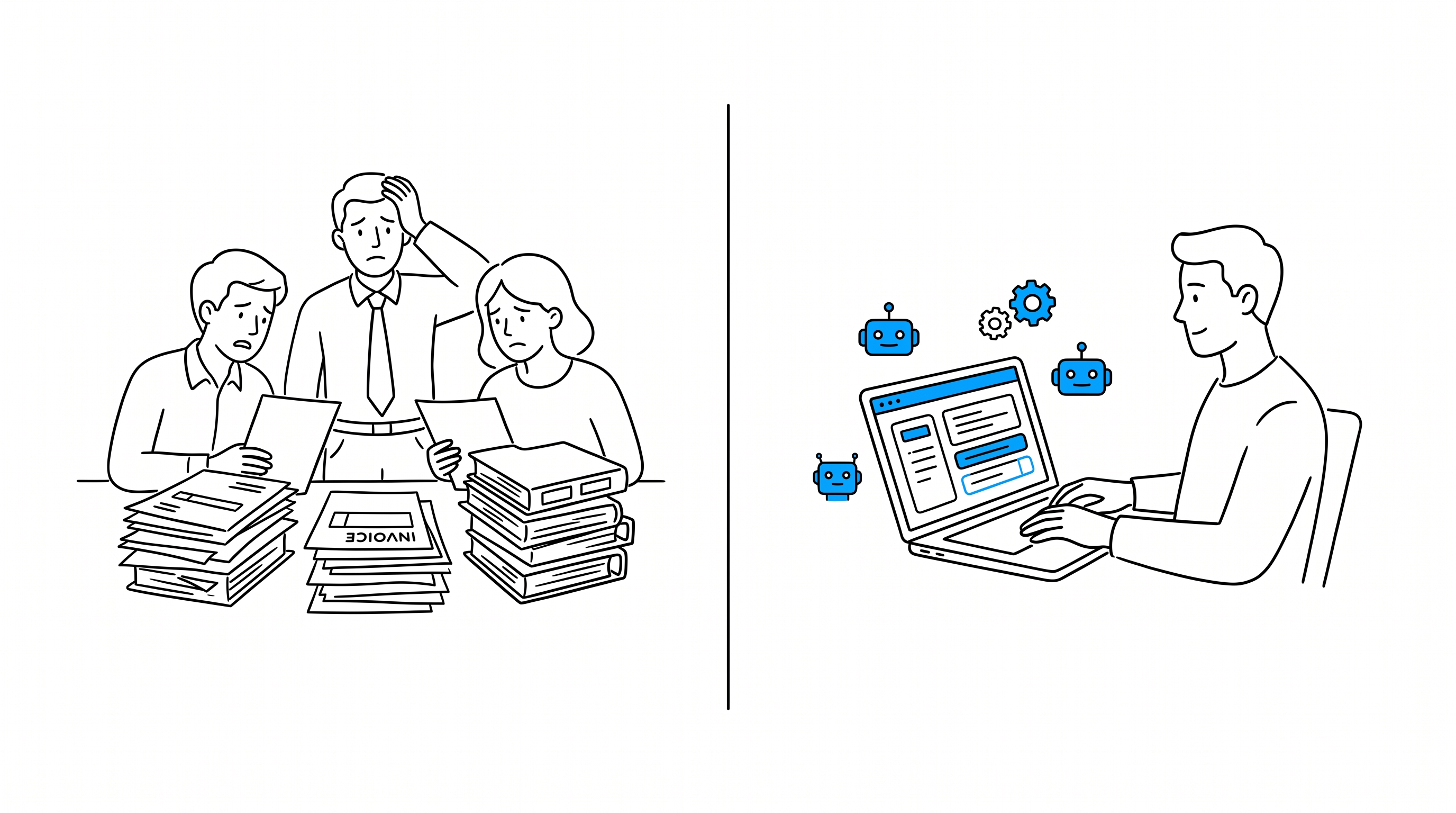 Split scene: a stressed team buried in paperwork versus one calm founder working with AI agent icons