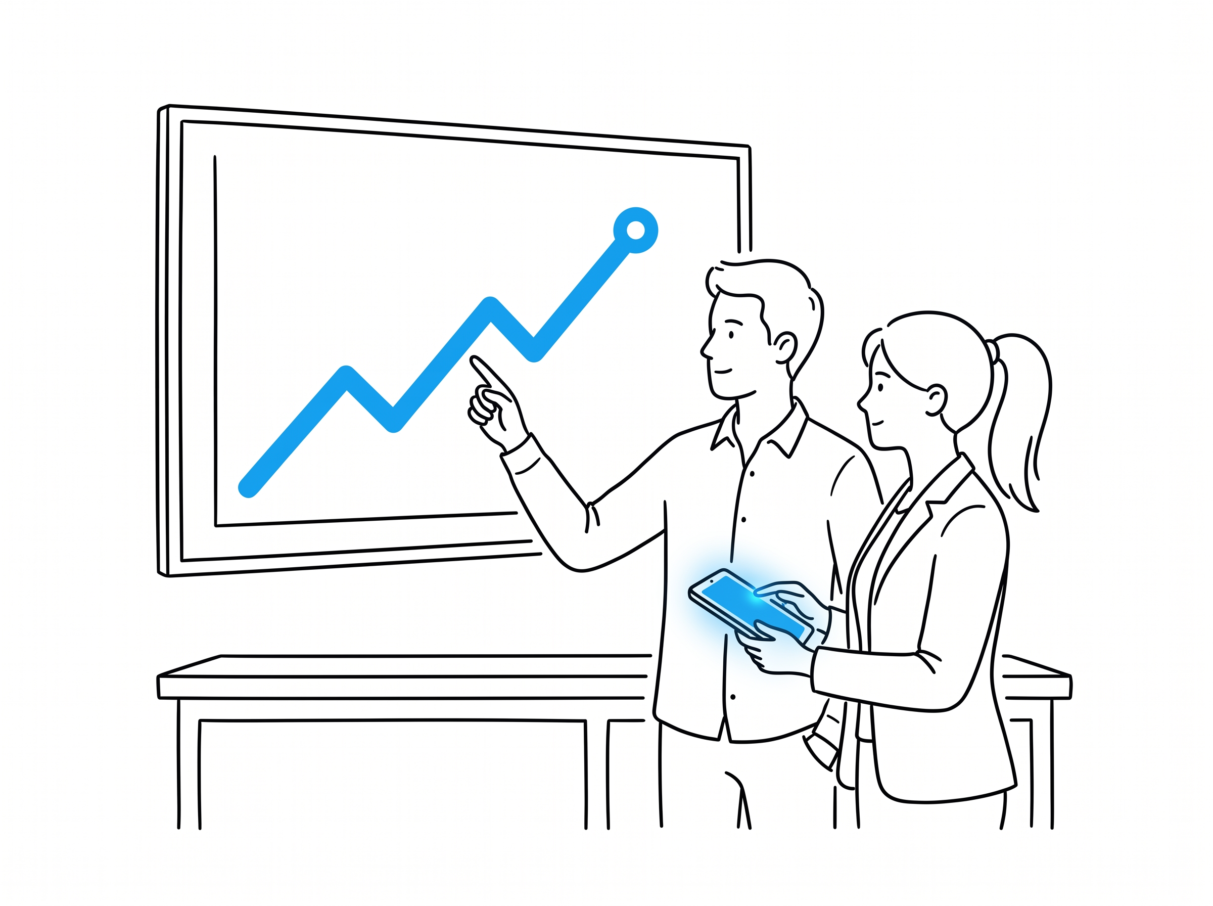 Two colleagues review an upward growth trend line on a screen, tracking citation gains over time