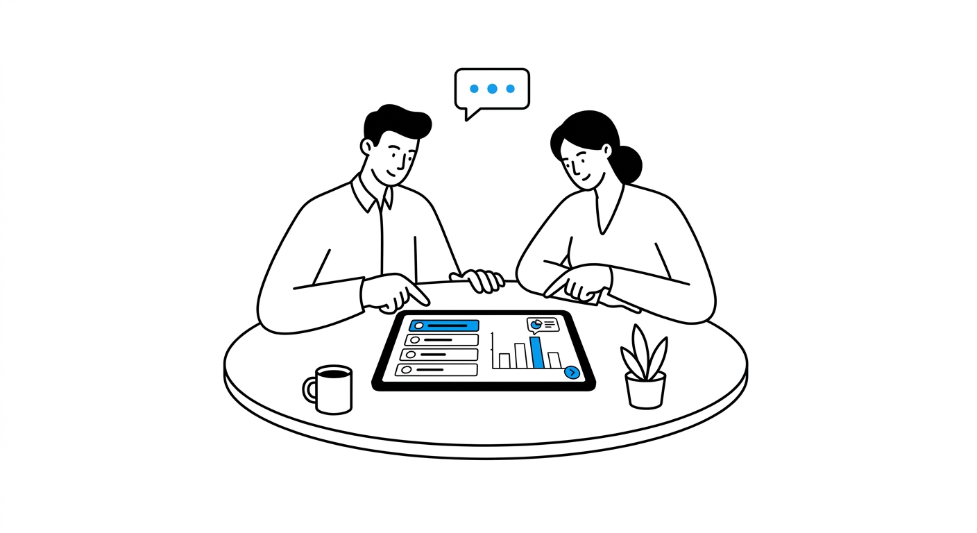 Two coworkers reviewing a Rank leaderboard chart and a margin bar chart side by side on a tablet, one bar highlighted blue