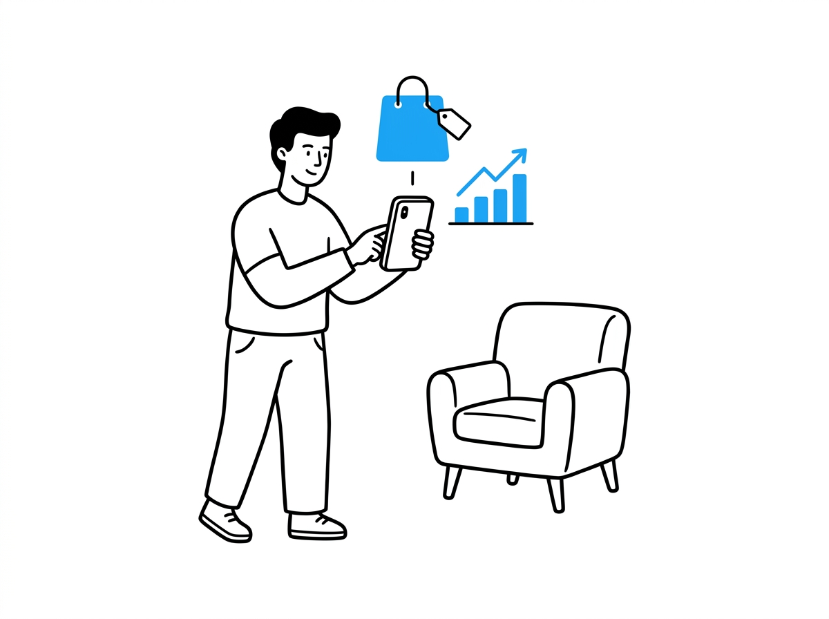 Person filming a product on a smartphone with a floating shopping bag and rising bar chart