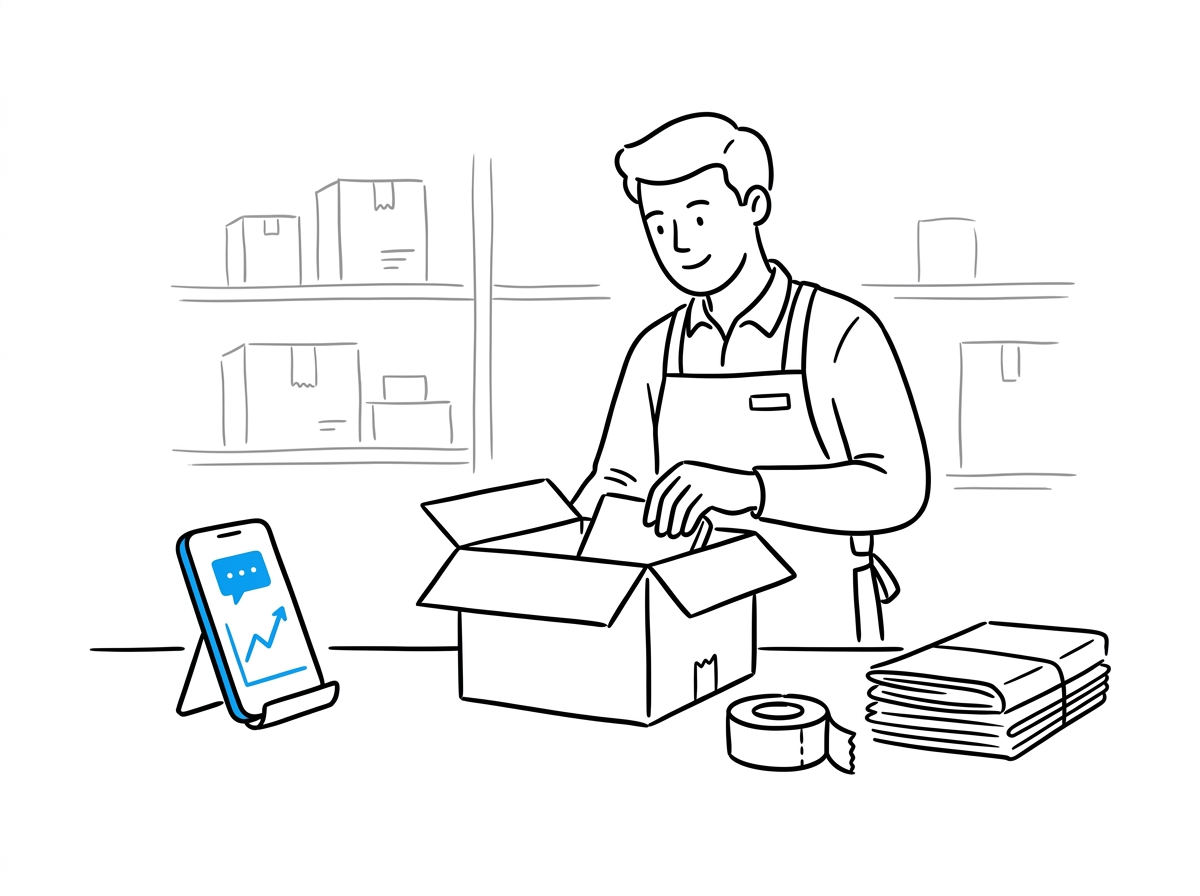 Warehouse worker packing an order while a phone shows a rising growth chart