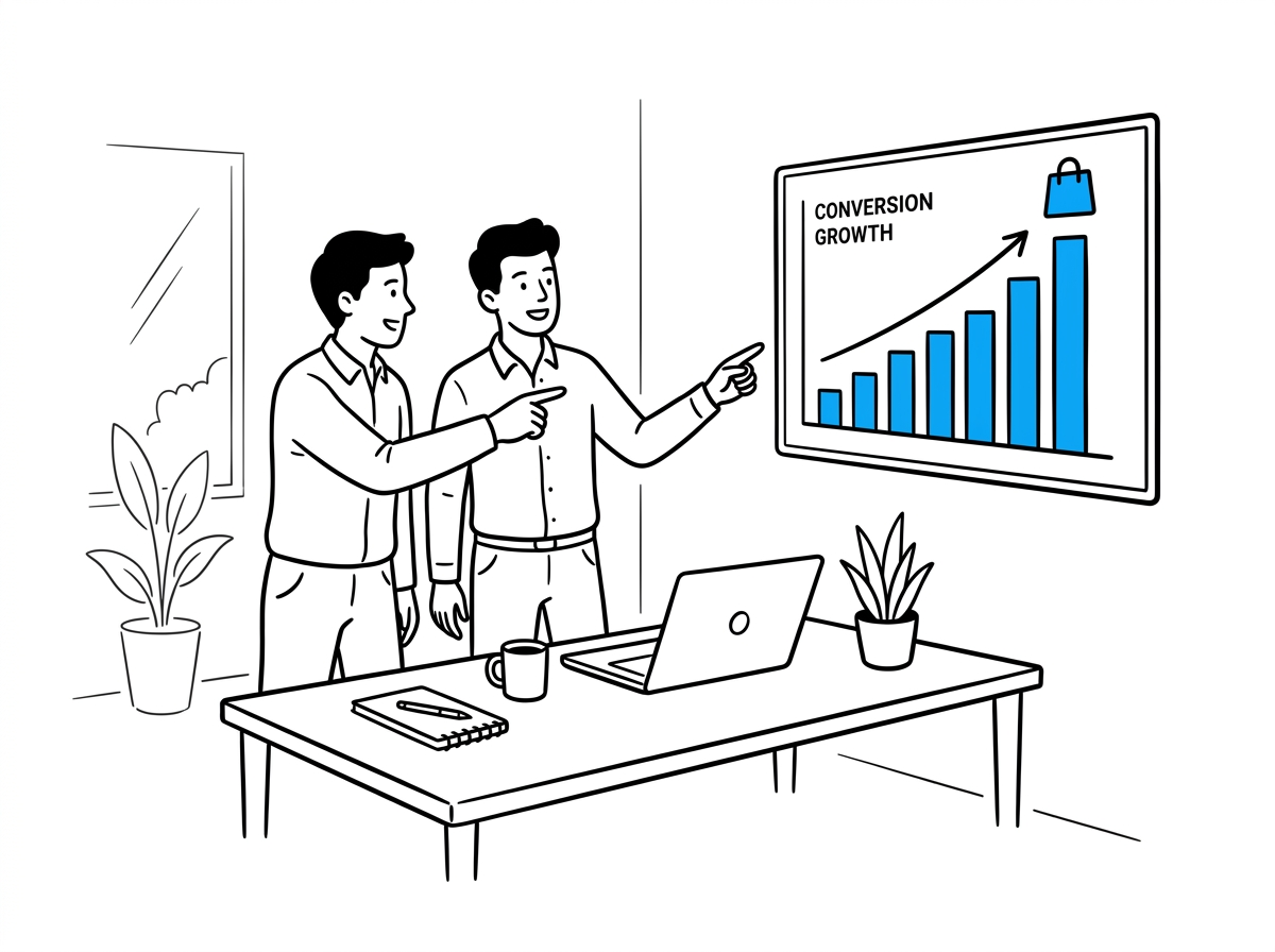 Two coworkers reviewing a conversion growth chart after a product description rewrite