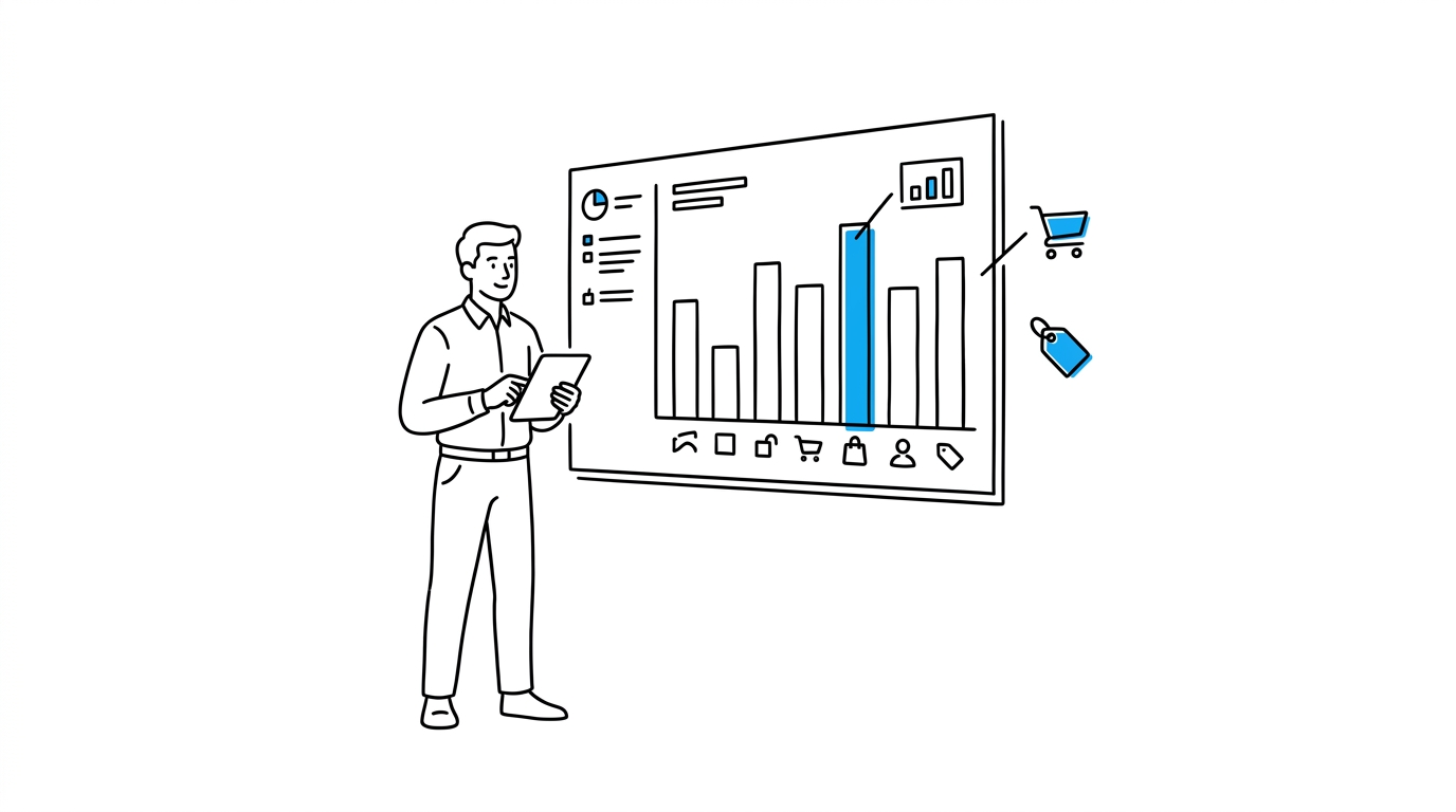 Analyst reviewing a competitor price comparison chart on a wall screen, one bar highlighted in blue