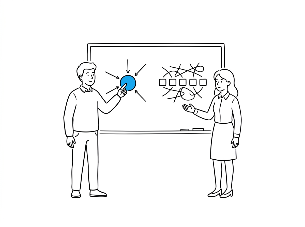 A founder and a colleague at a whiteboard comparing one unified hub versus five scattered, disconnected point tools