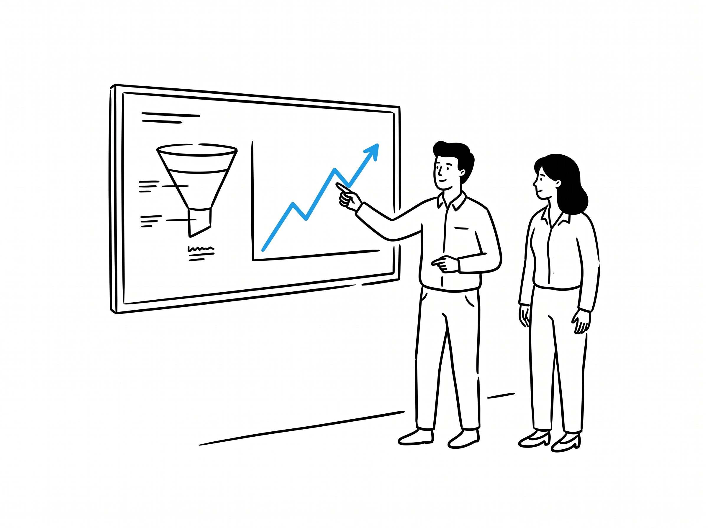 Two colleagues reviewing a conversion funnel diagram and a rising performance chart on a wall screen, representing a team validating a conversion rate lift