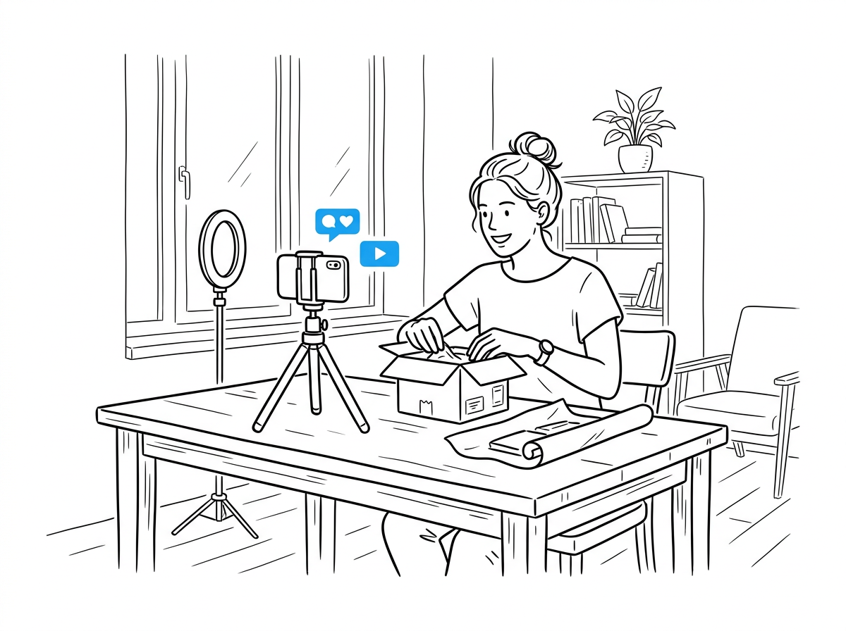 Creator filming a product unboxing video on a smartphone for social ads
