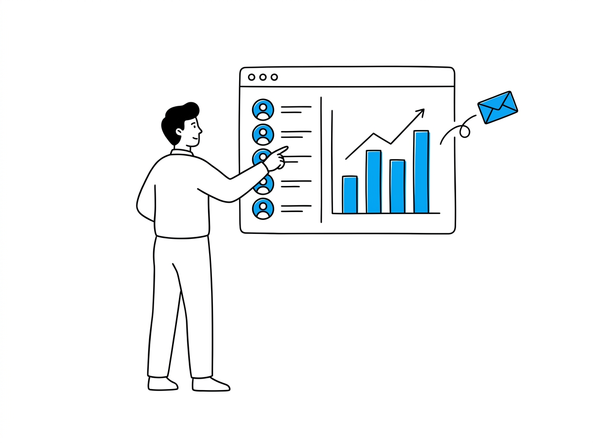 A person points at a floating dashboard showing a creator leaderboard and growth chart, with a message icon flying out toward outreach targets