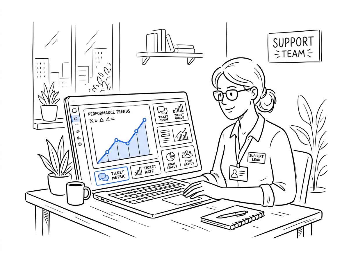 Ecommerce support lead reviewing an AI ticket-automation dashboard on a laptop, a rising resolution-rate chart highlighted in blue