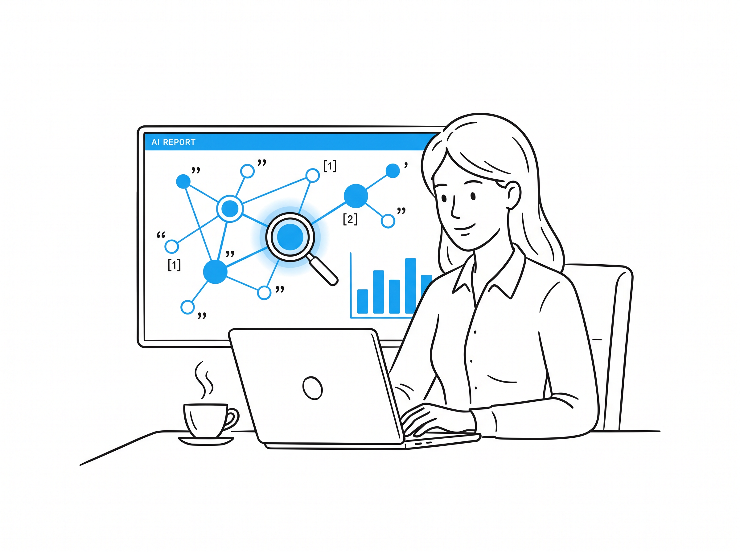 A person reviews an AI Search Visibility Report on a laptop, checking entity signals and citation nodes highlighted in blue