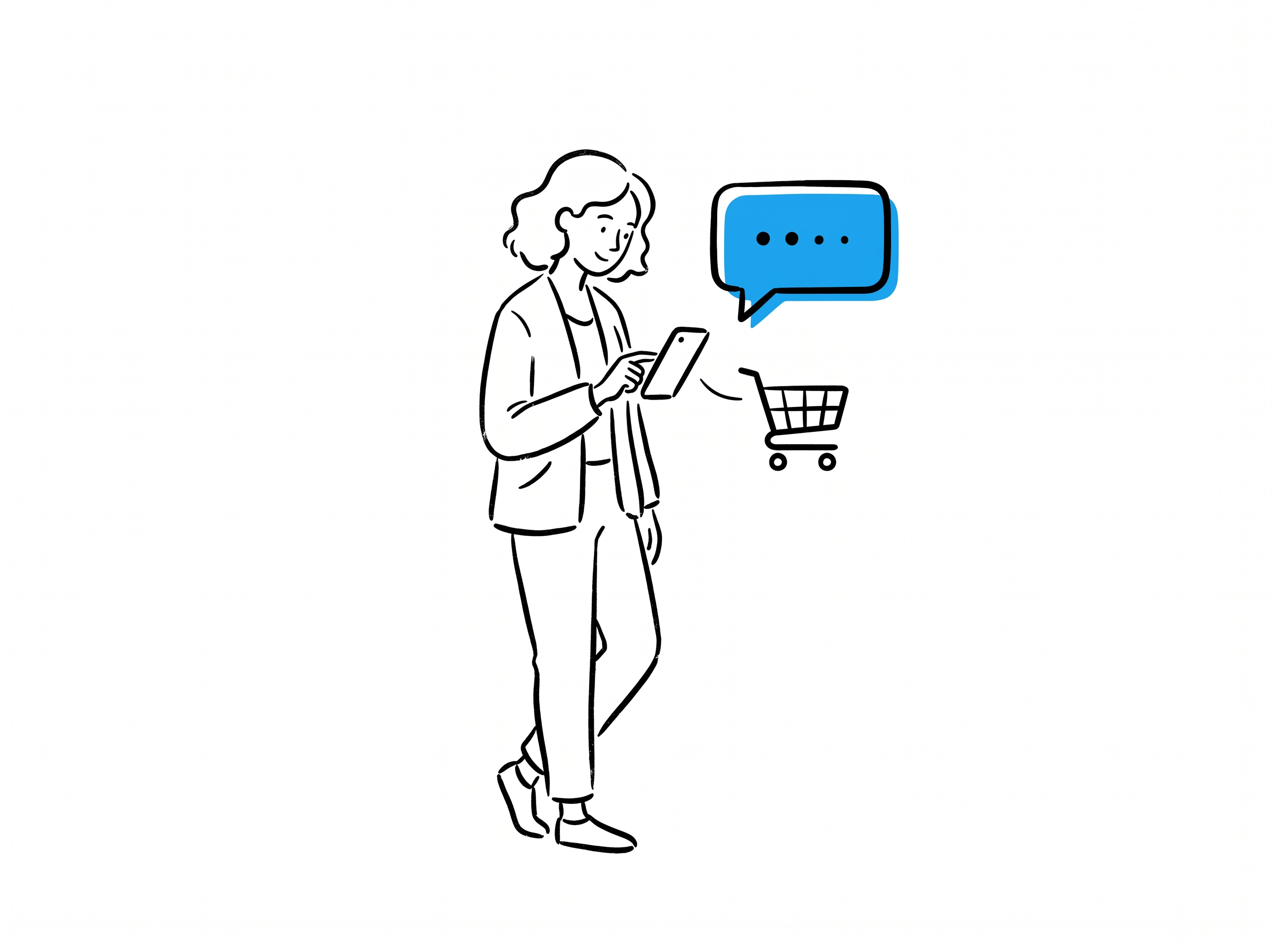 A shopper on her phone with a blue AI chat bubble appearing next to a shopping cart icon, representing an AI assistant recovering an abandoned cart