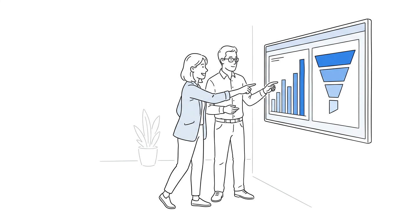 Two colleagues beside a wall-mounted dashboard screen with a rising bar chart and a funnel diagram, one pointing at a rising bar